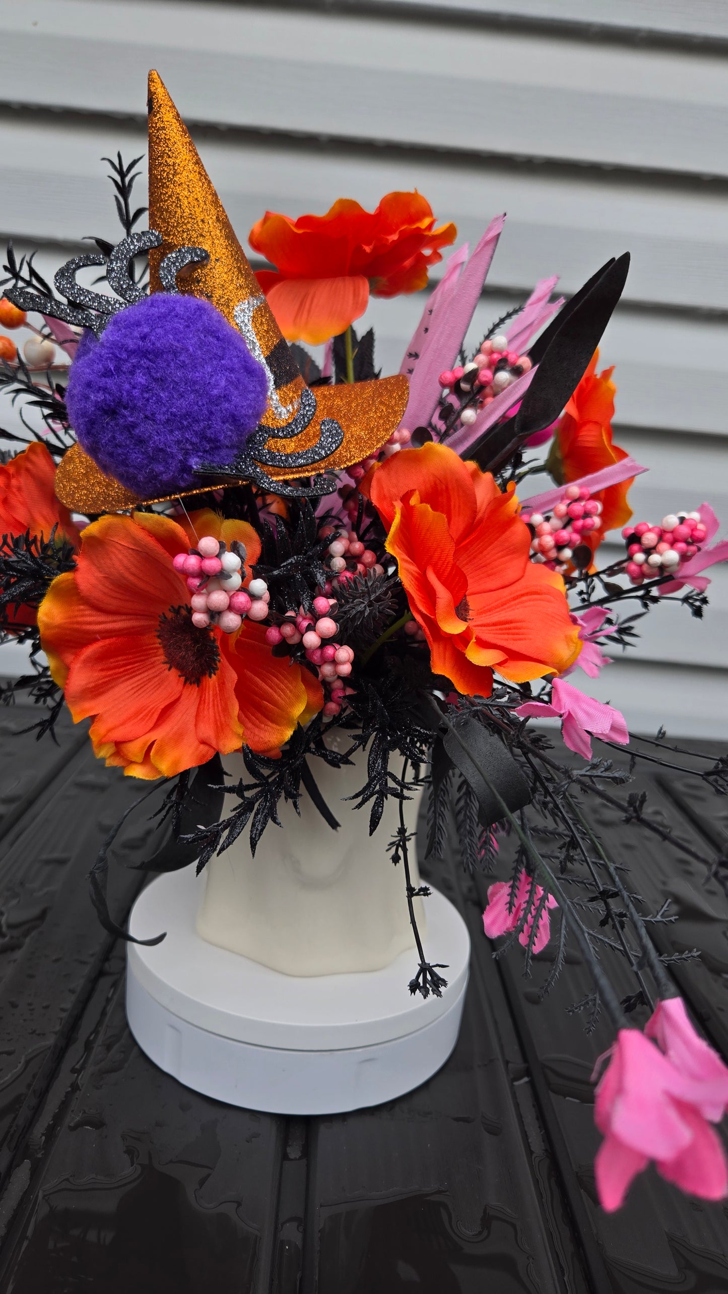 Halloween Arrangement - Cute Ghost Mug Centerpiece with Witch Hat & Purple Spider