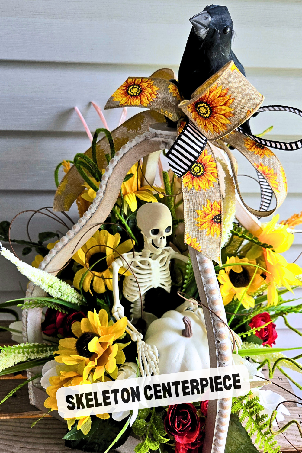Lantern Arrangement – Halloween Fall Décor with Rustic Lantern, Sunflowers, Skeleton & Raven Accent