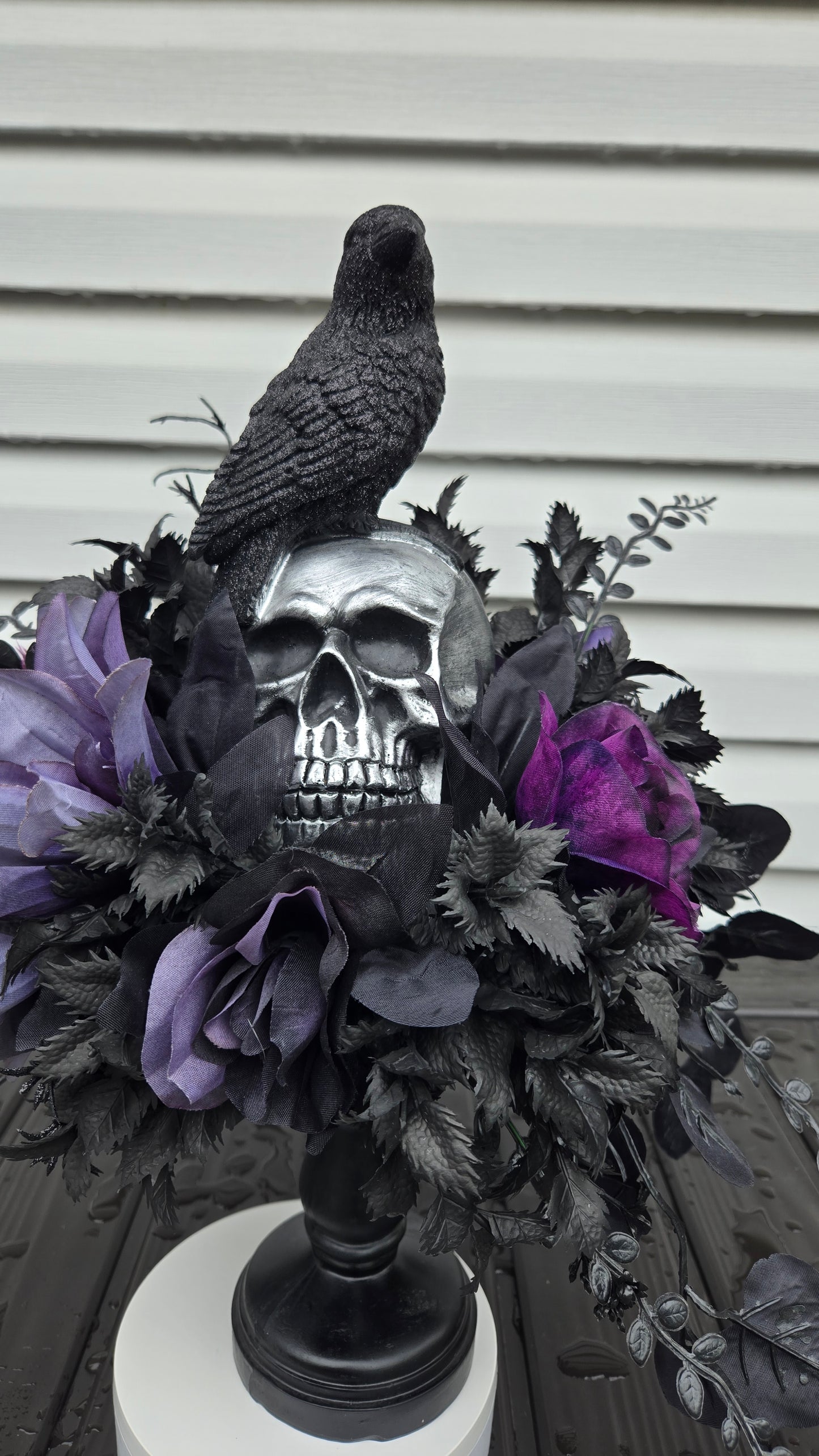 Halloween Floral Arrangement - Gothic Skull Candlestick Centerpiece with Raven