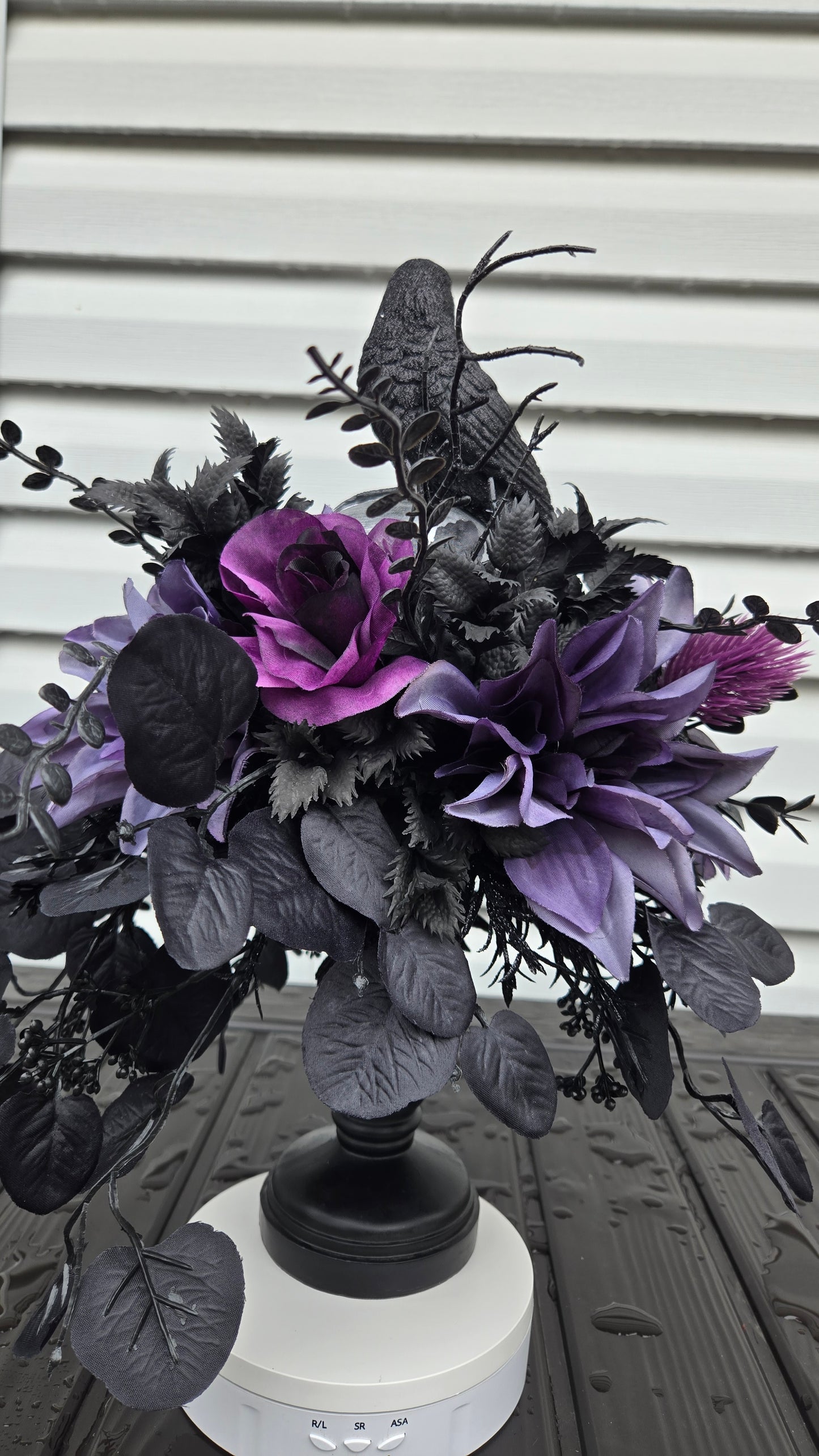 Halloween Floral Arrangement - Gothic Skull Candlestick Centerpiece with Raven