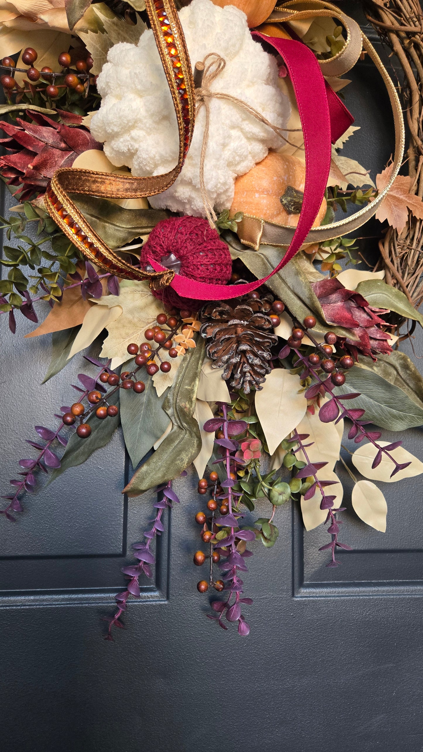 Fall Wreath - Burgundy Eucalyptus and Pumpkin Grapevine Wreath for Autumn Door Decor
