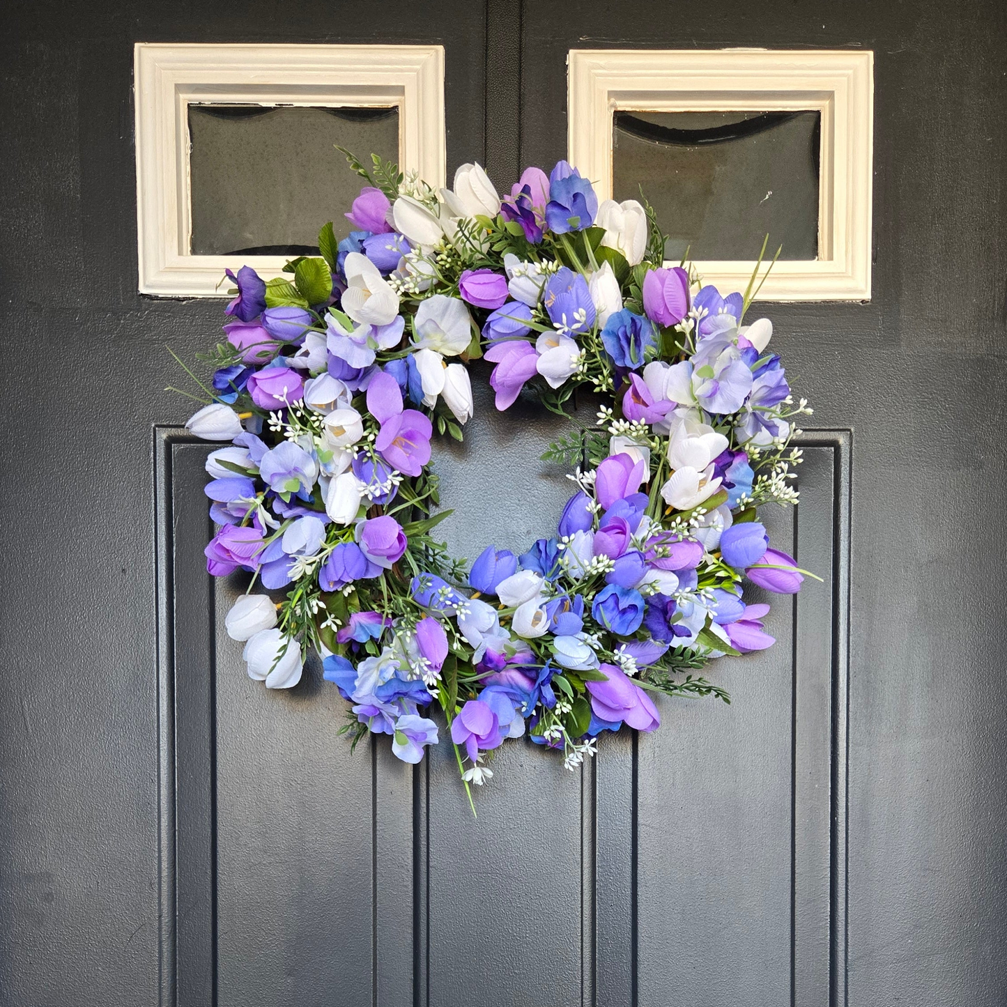 Purple Sweet Pea and Tulip Cottage Garden Wreath