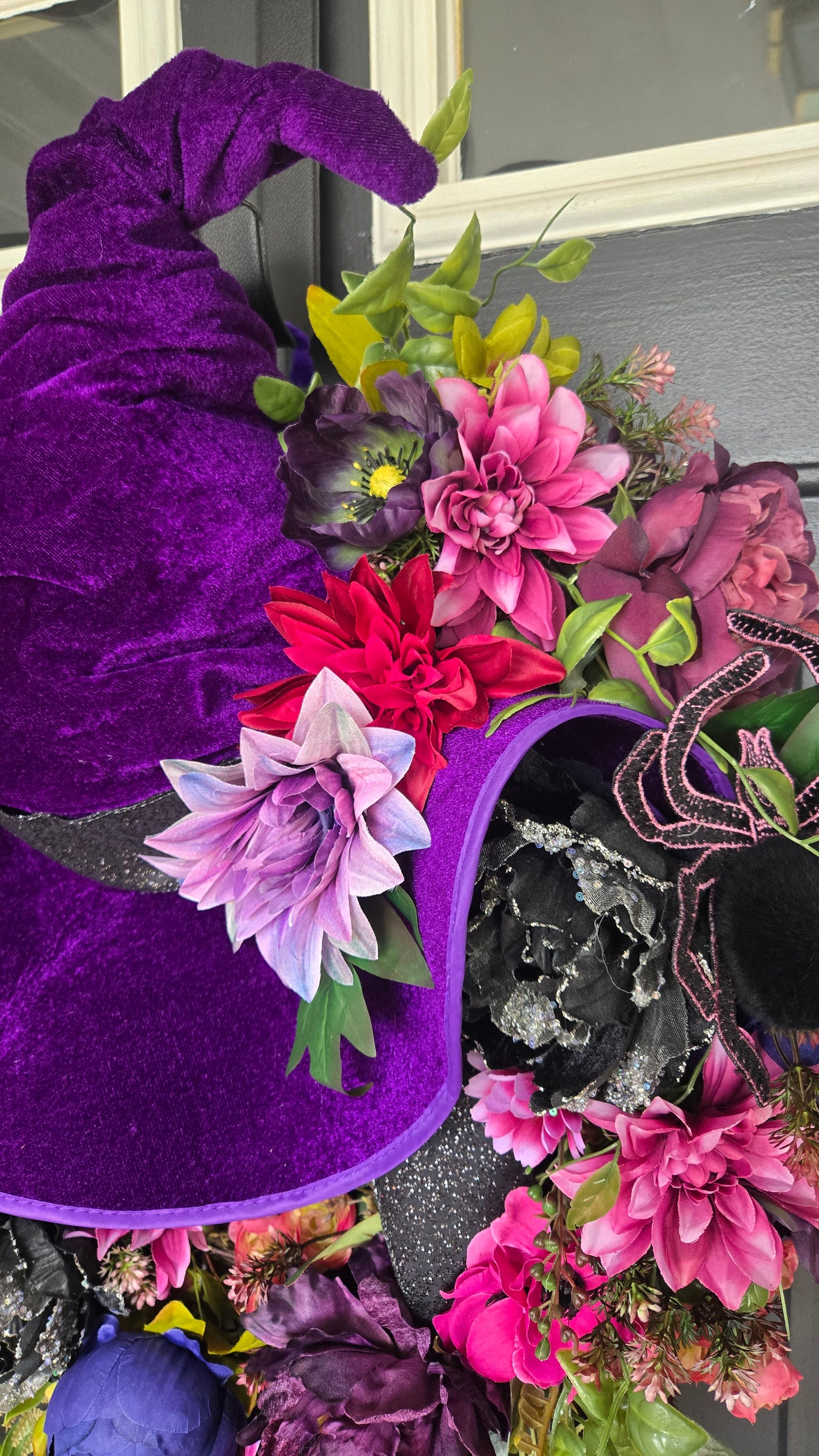 Halloween Wreath – Witch Hat Floral Grapevine Door Decor with Velvet Hat, Spiders, and Fall Blooms
