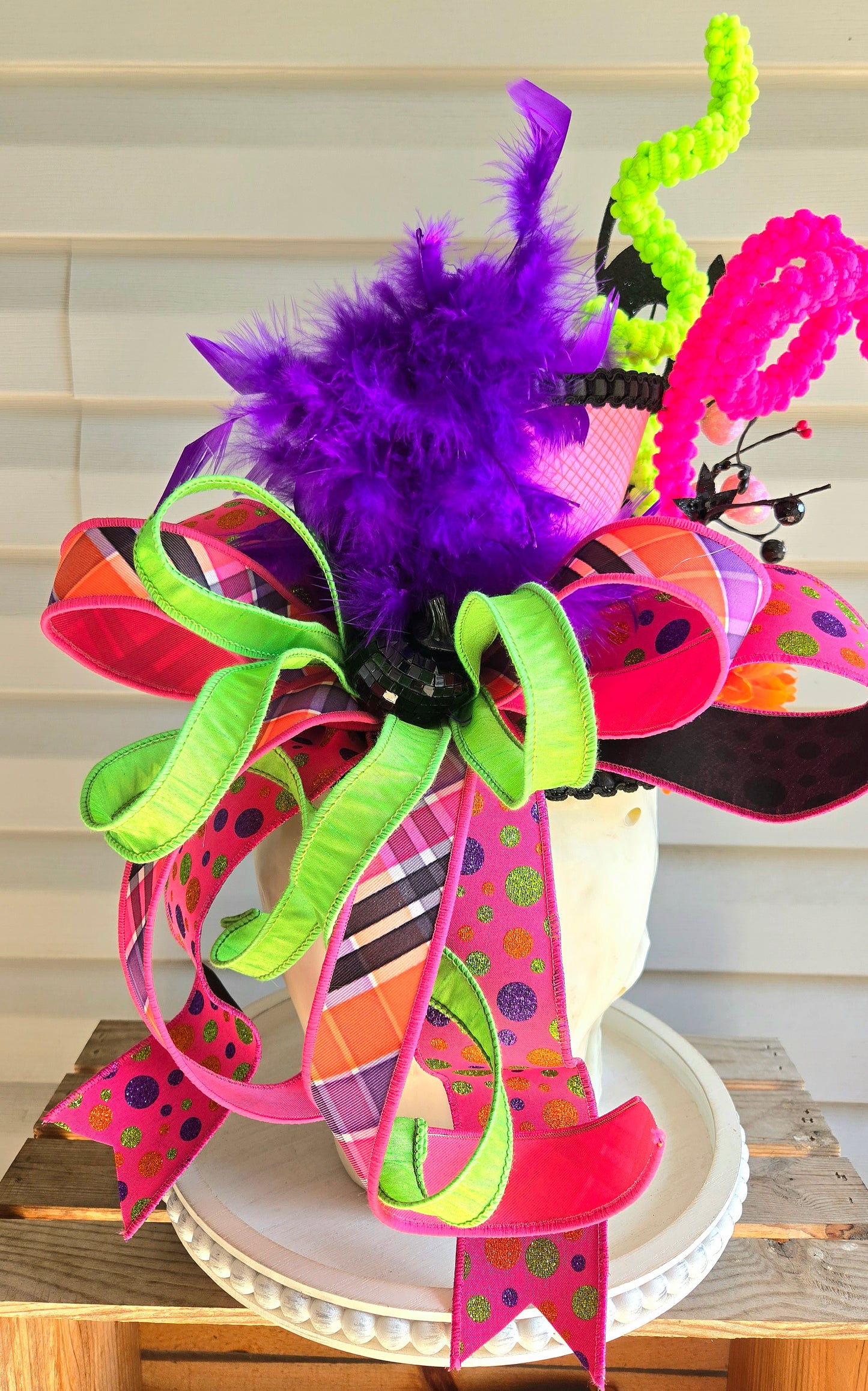 Halloween Skull Decor - Candy Dish or Planter Removable Skelly Top Hat with Black Cat, Disco Pumpkin, Wreath Attachment Option, Funky Decor