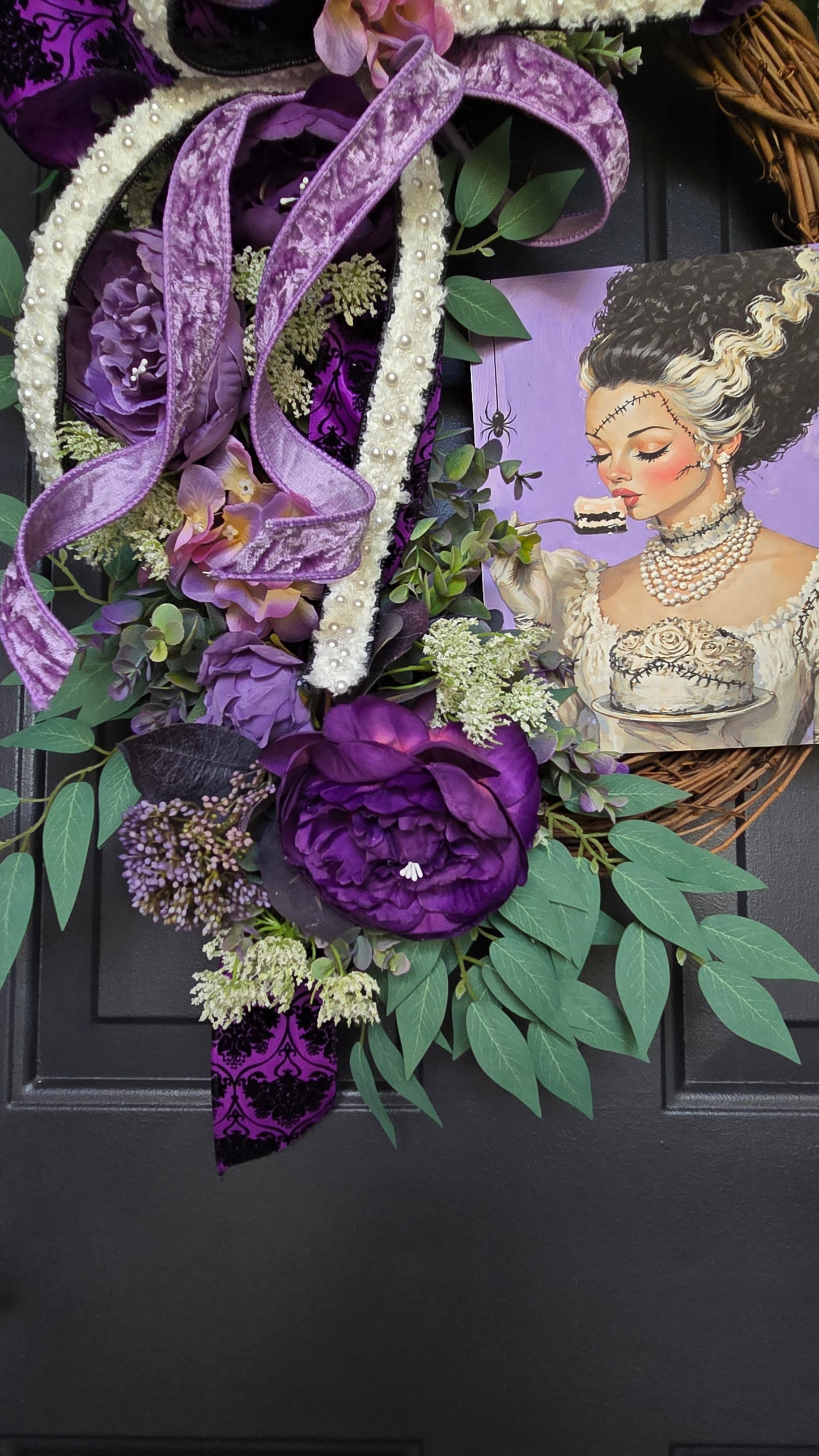 Glam Romantic Bride - Purple Floral Grapevine Wreath with Velvet Ribbon & Gothic Art Accent
