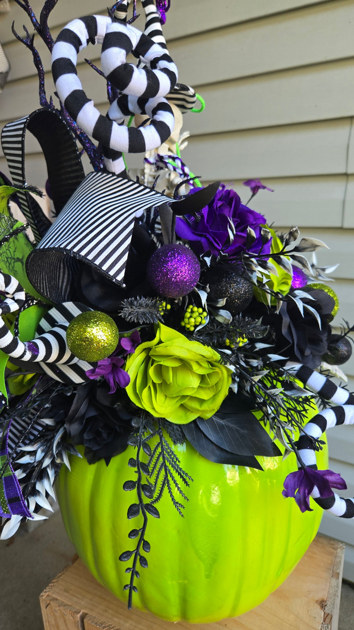 Halloween Centerpiece - Beetlejuice Inspired Witchy Skeleton on a Pumpkin