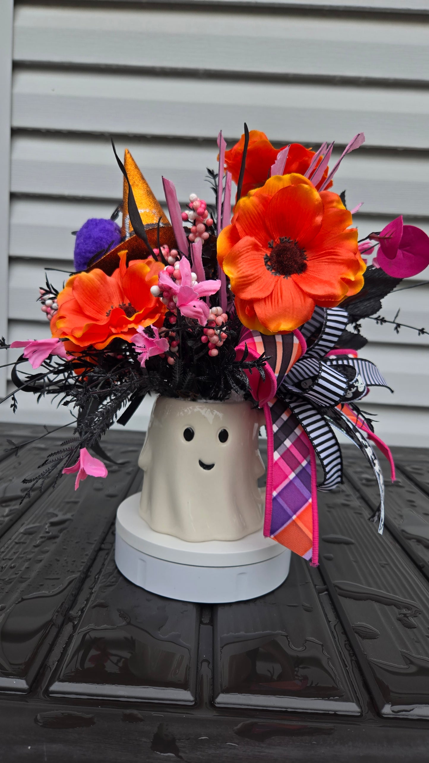 Halloween Arrangement - Cute Ghost Mug Centerpiece with Witch Hat & Purple Spider