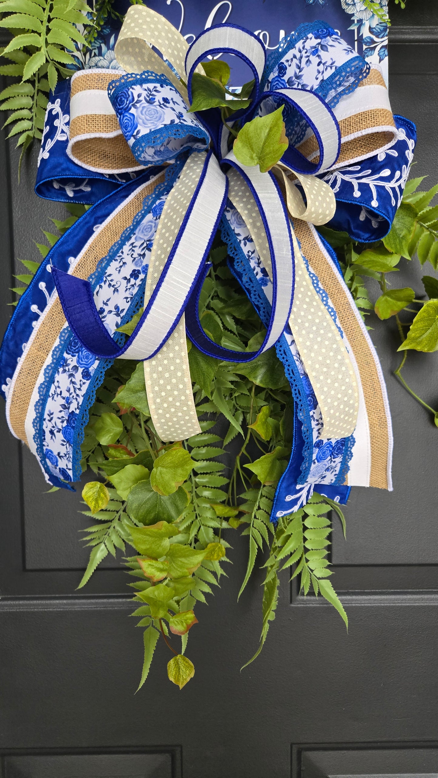 Chinoiserie Welcome Wreath | Everyday Greenery Door Wreath | Farmhouse Front Door Decor | All Season Fern Wreath with Bow