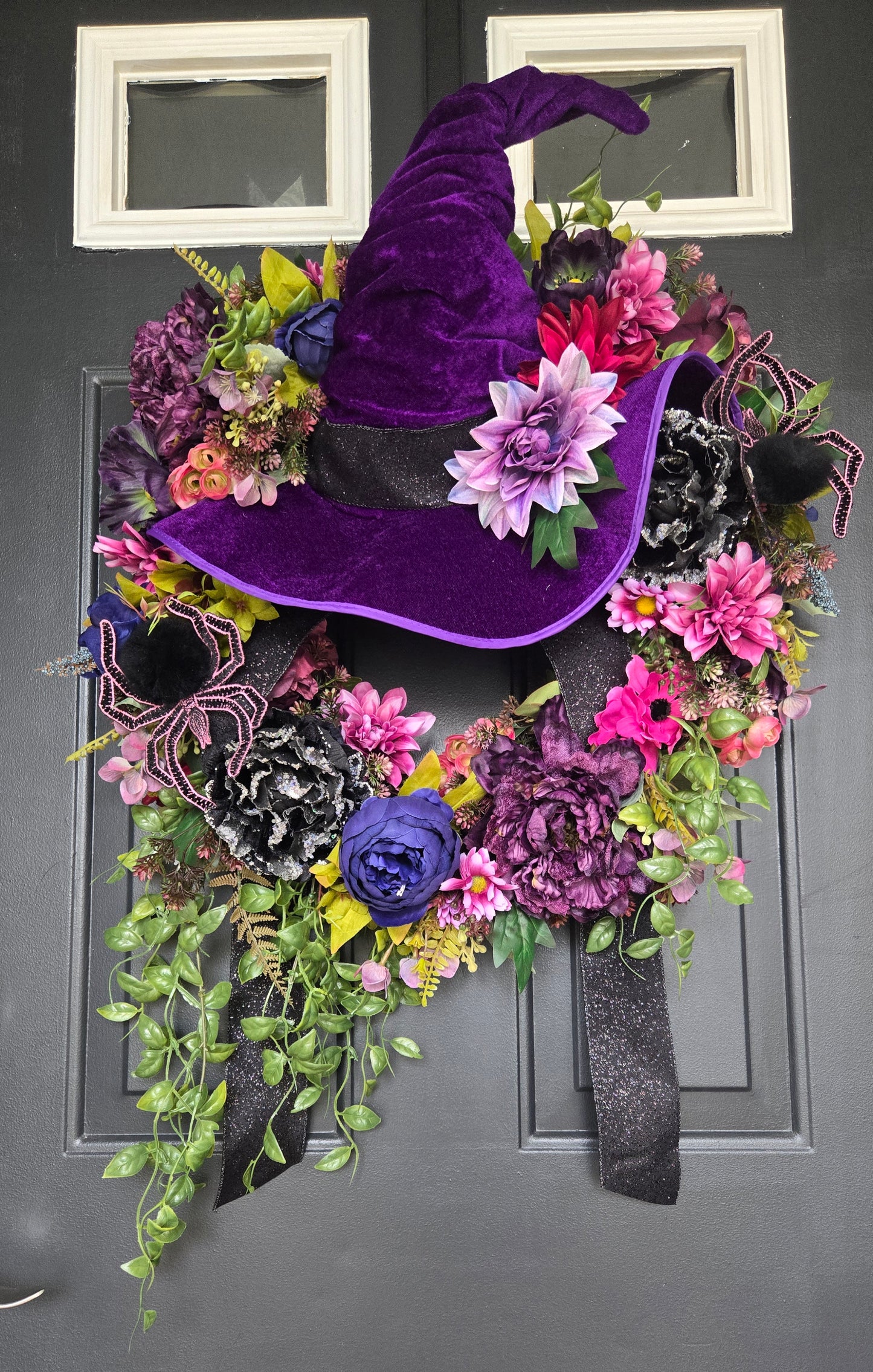 Halloween Wreath – Witch Hat Floral Grapevine Door Decor with Velvet Hat, Spiders, and Fall Blooms