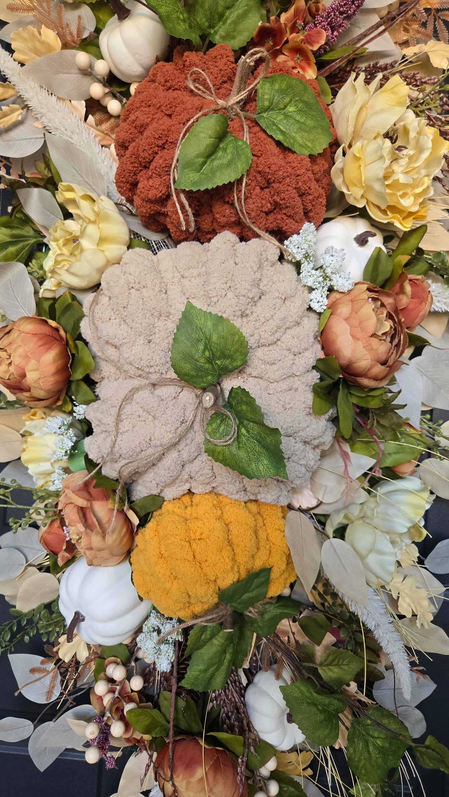 Fall Pumpkin Centerpiece or Door Swag – Rustic Harvest Décor with Handmade Knit Pumpkins