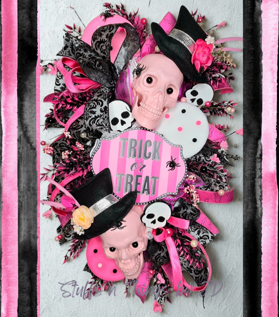 Halloween Swag Wreath – Pink & Black Skull Trick or Treat Door Hanger with Top Hats