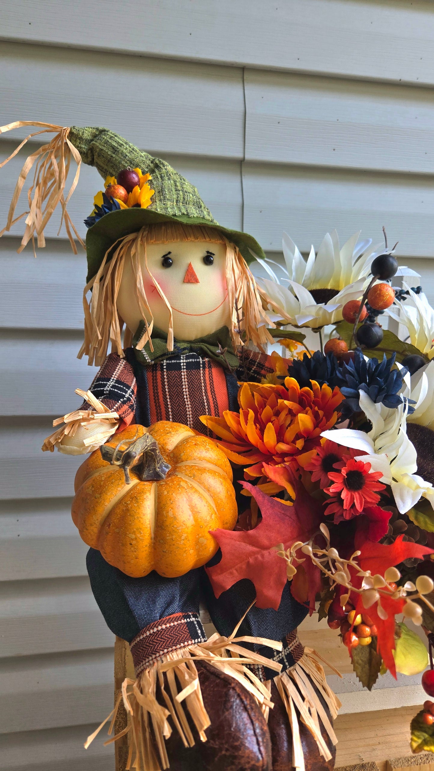 Fall Scarecrow Centerpiece with Sunflowers & Pumpkins – Autumn Table Decor, Bench Sitting Scarecrow, Thanksgiving Floral Arrangement
