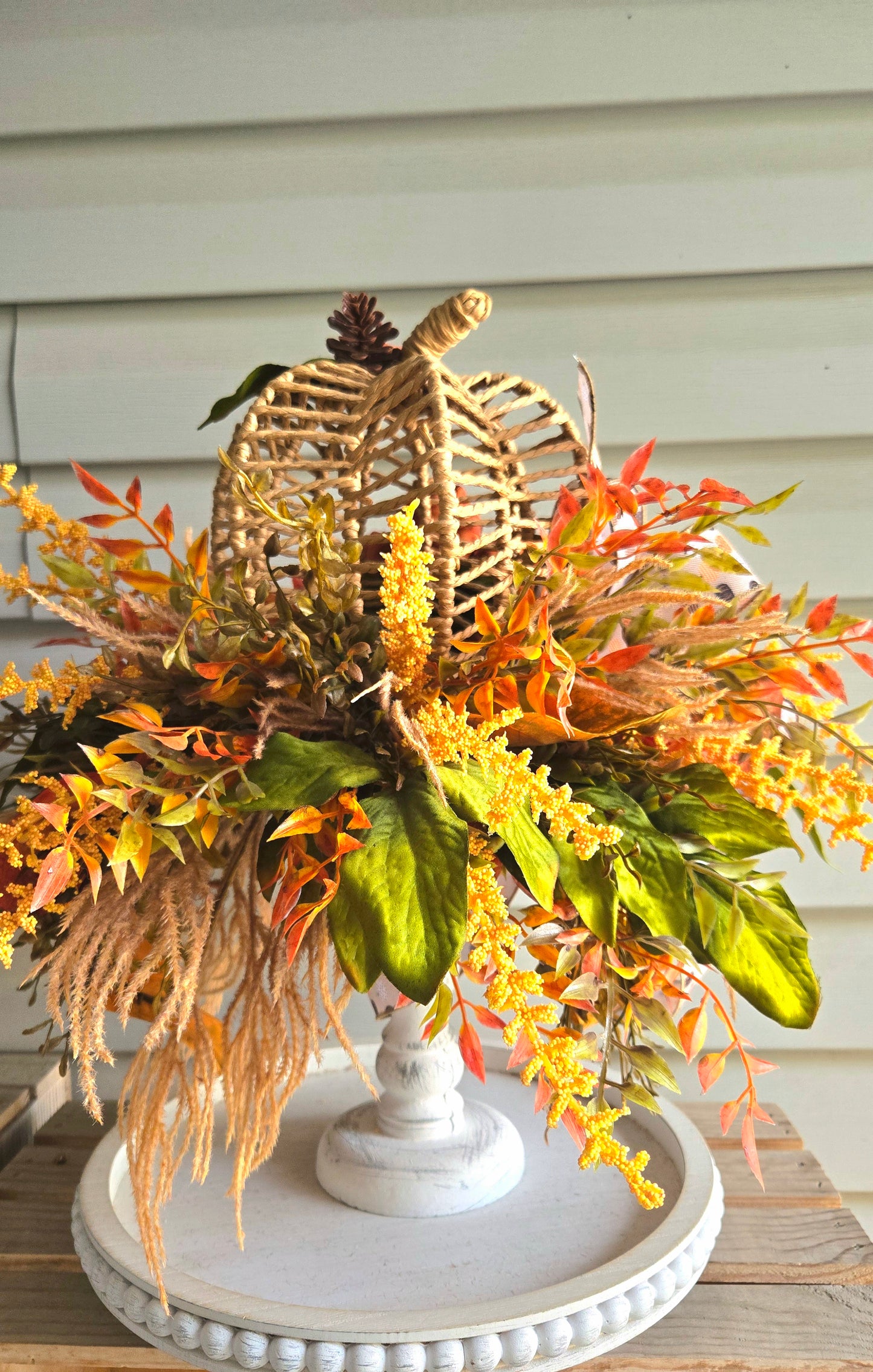 Fall Arrangement Pumpkin Candlestick β Rustic Autumn Farmhouse Table Centerpiece