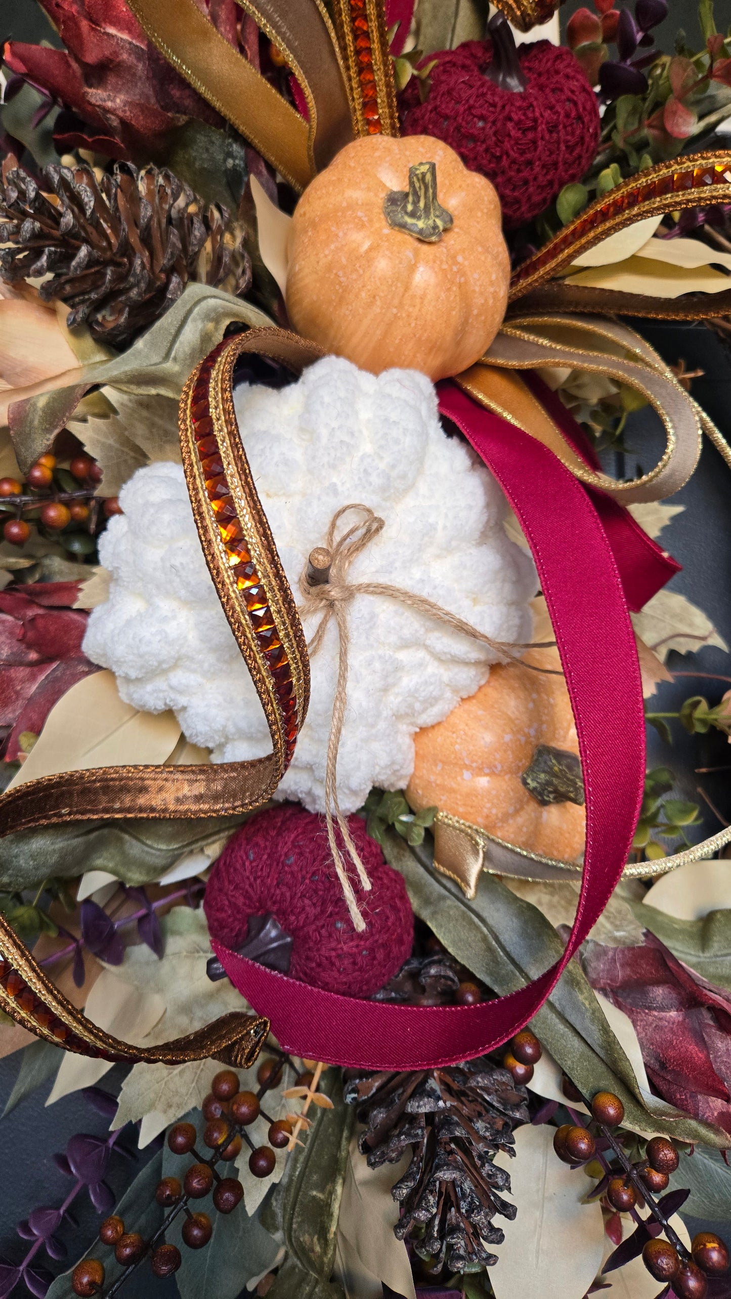 Fall Wreath - Burgundy Eucalyptus and Pumpkin Grapevine Wreath for Autumn Door Decor
