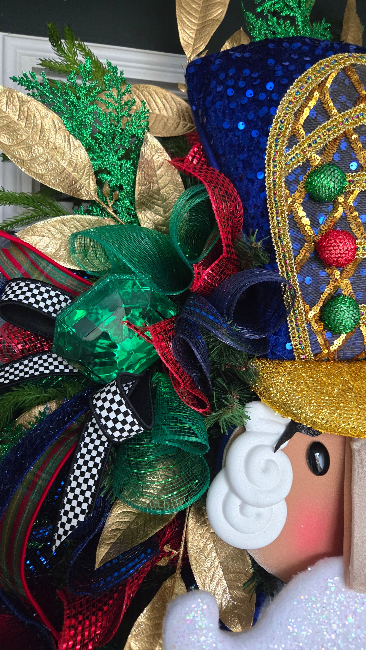 XL Nutcracker Christmas Wreath β Grand Holiday Home Decor with Plaid Ribbon, Gold Accents & Festive Glitter Details