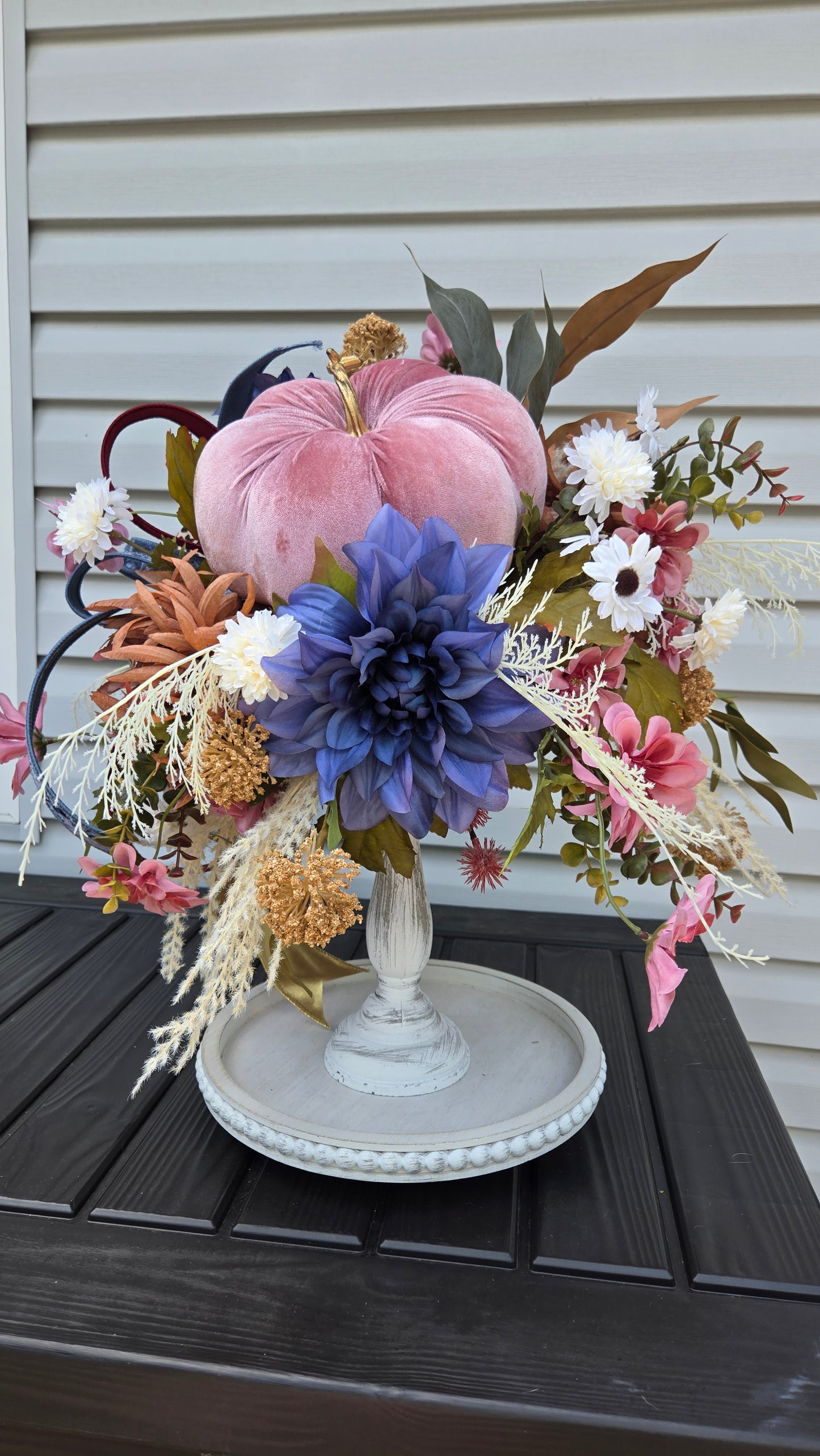 Glam Boho Chic Fall Arrangement - Velvet Pink Pumpkin Candlestick