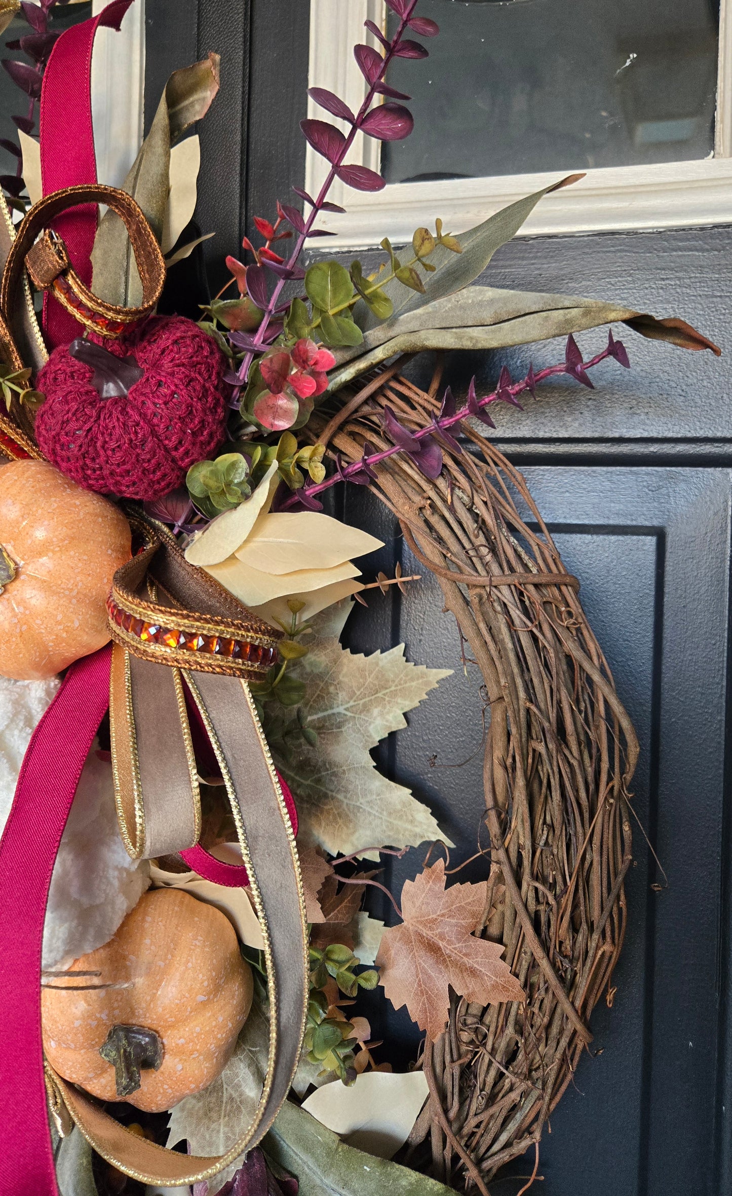 Fall Wreath - Burgundy Eucalyptus and Pumpkin Grapevine Wreath for Autumn Door Decor