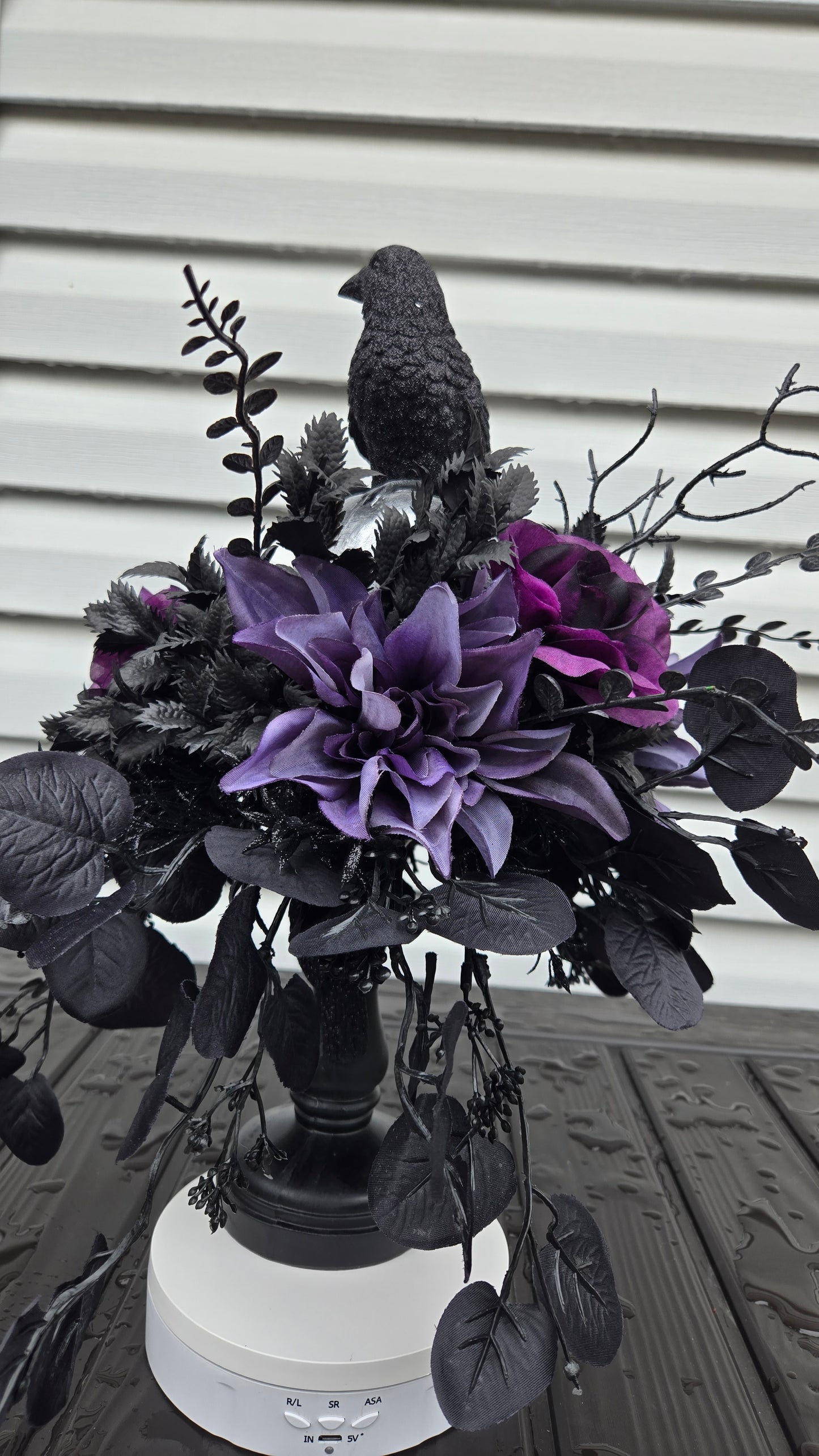 Halloween Floral Arrangement - Gothic Skull Candlestick Centerpiece with Raven