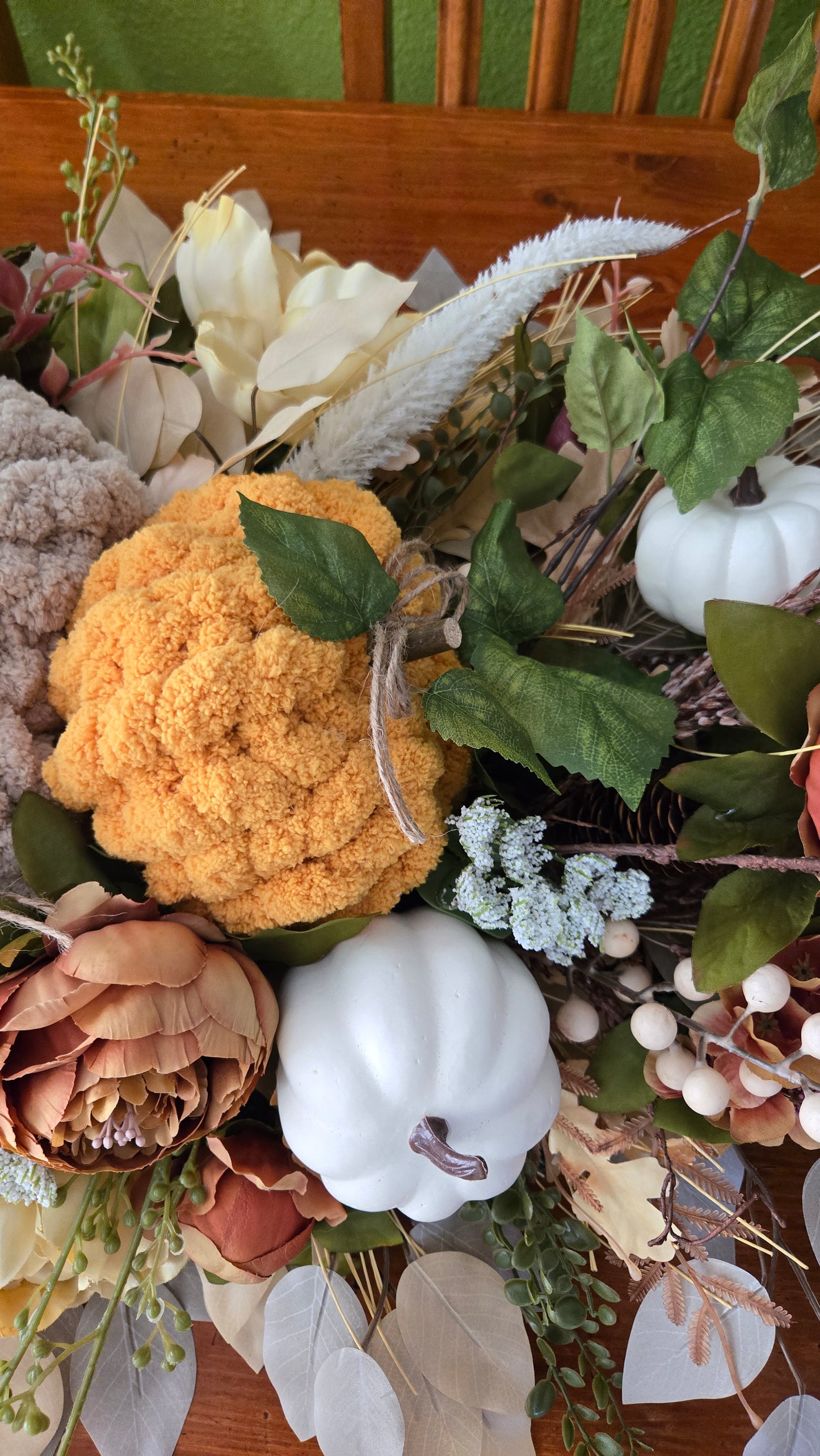 Fall Pumpkin Centerpiece or Door Swag – Rustic Harvest Décor with Handmade Knit Pumpkins