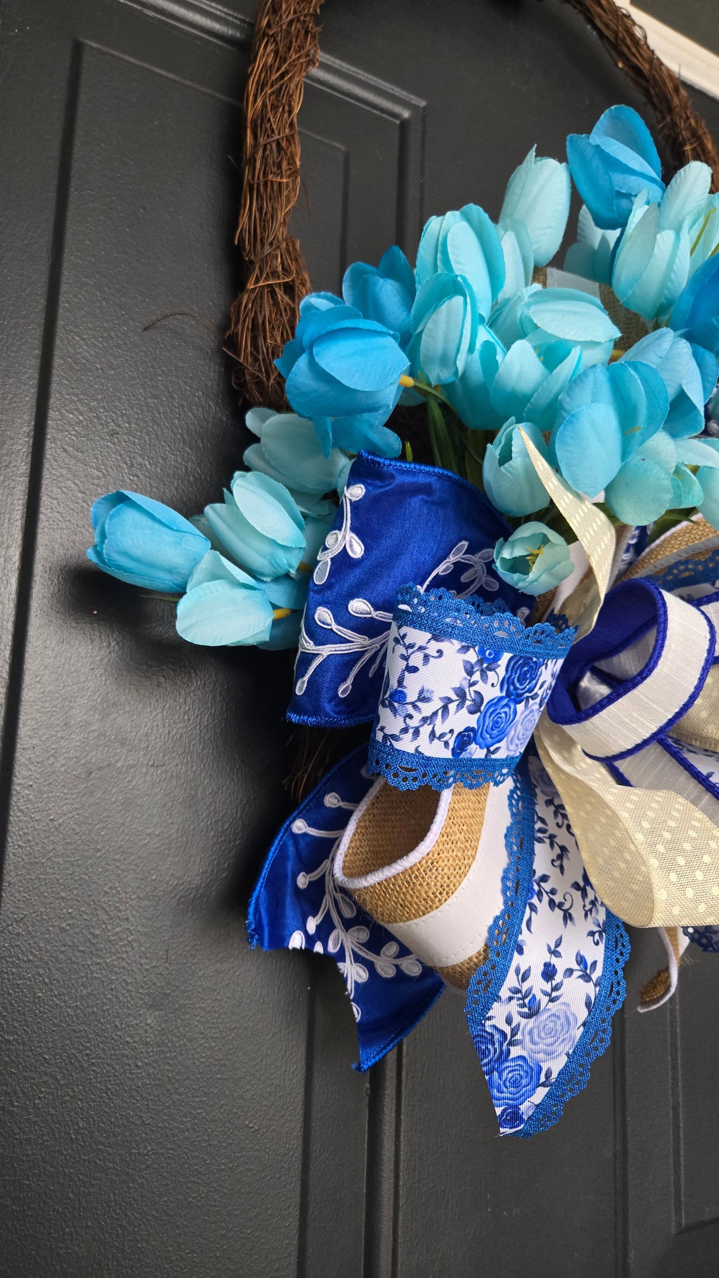 Blue Spring Tulip Twig Basket Wreath | Farmhouse Front Door Decor | Blue & White Floral Door Hanger | Everyday Spring Wreath