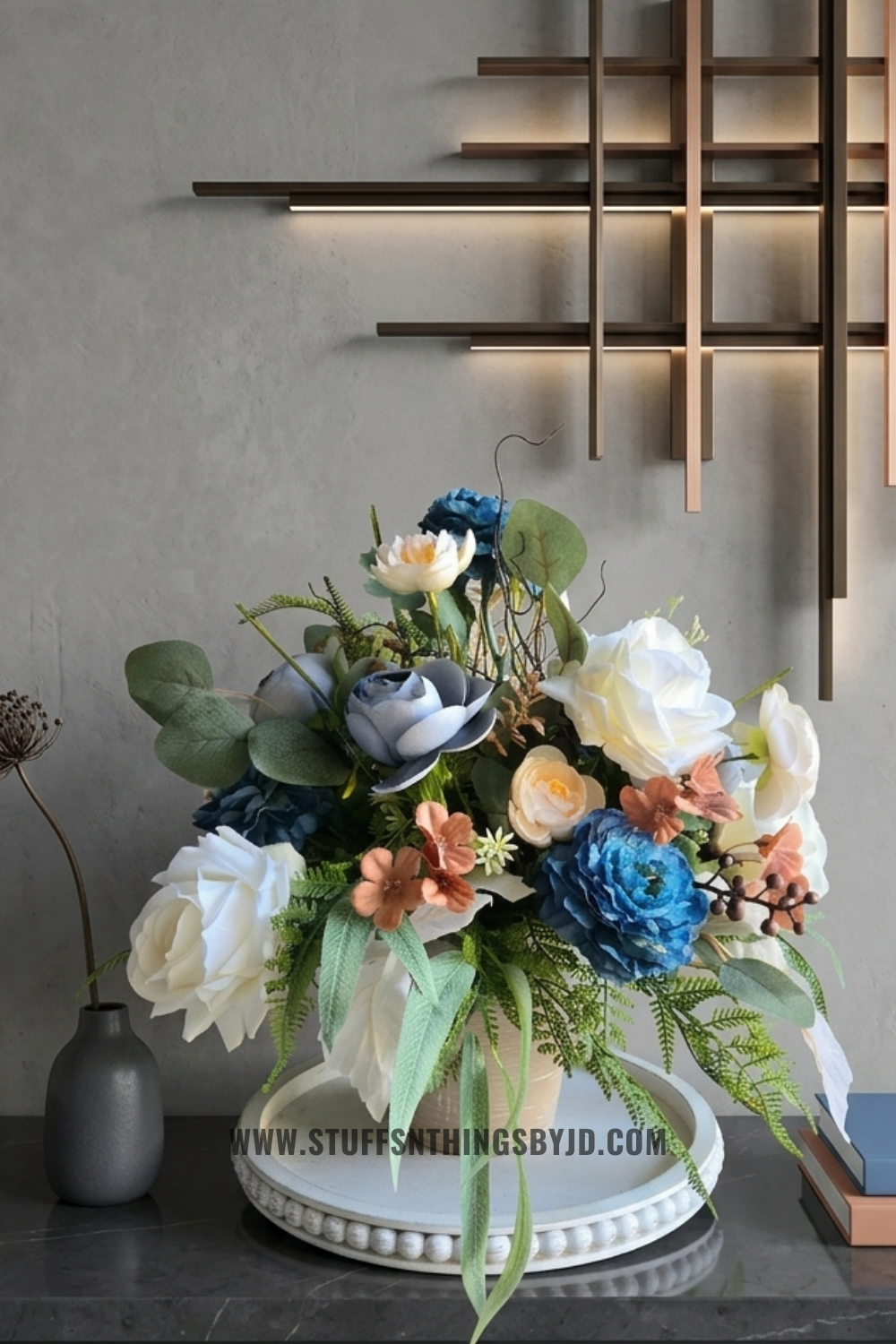 Blue Ranunculus & Cream Rose Floral Arrangement in Ceramic Planter | 16" Luxury Centerpiece