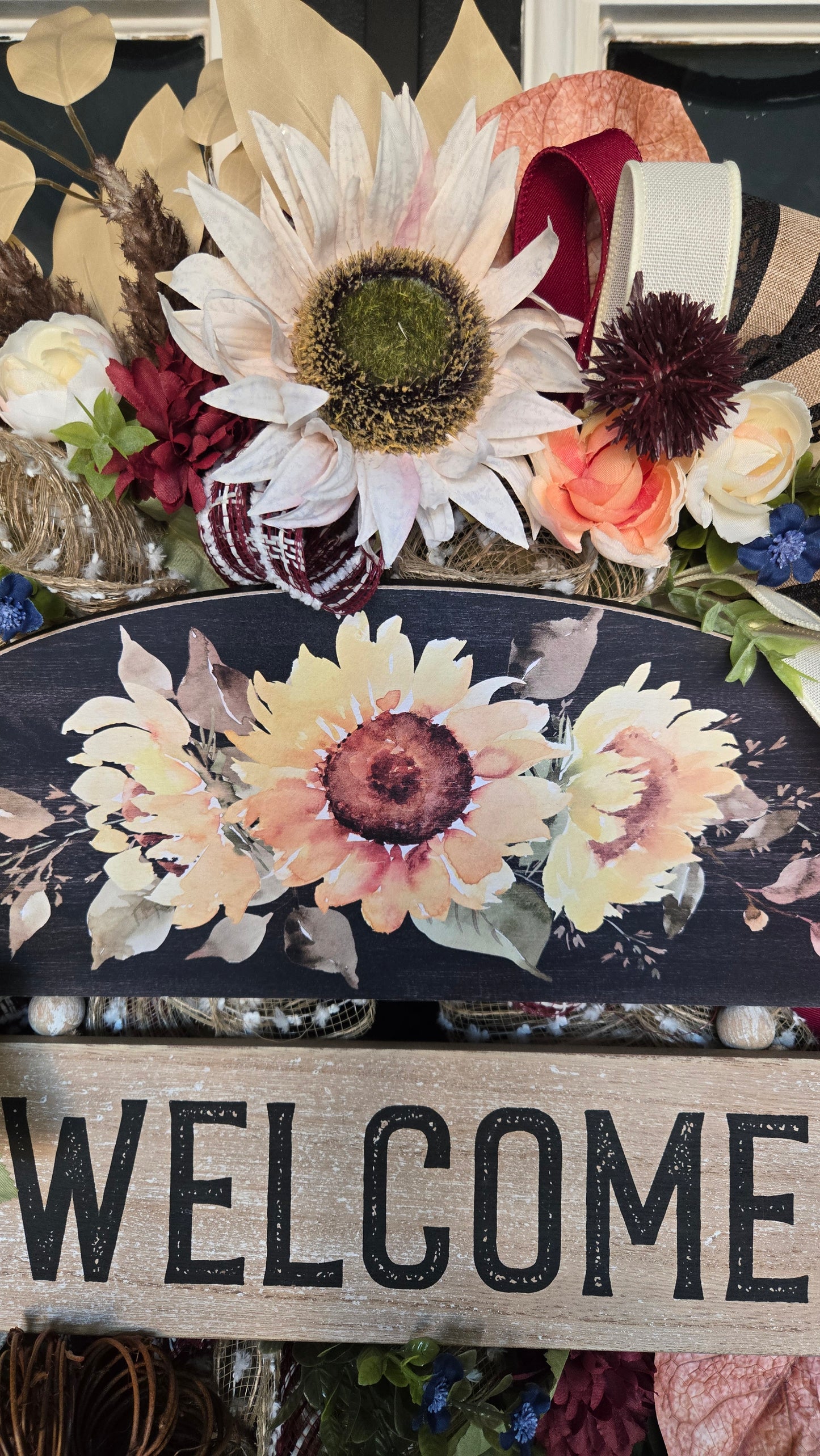 Fall Welcome Wreath with Sunflowers & Grapevine Pumpkin - Rustic Thanksgiving Farmhouse Front Door Décor