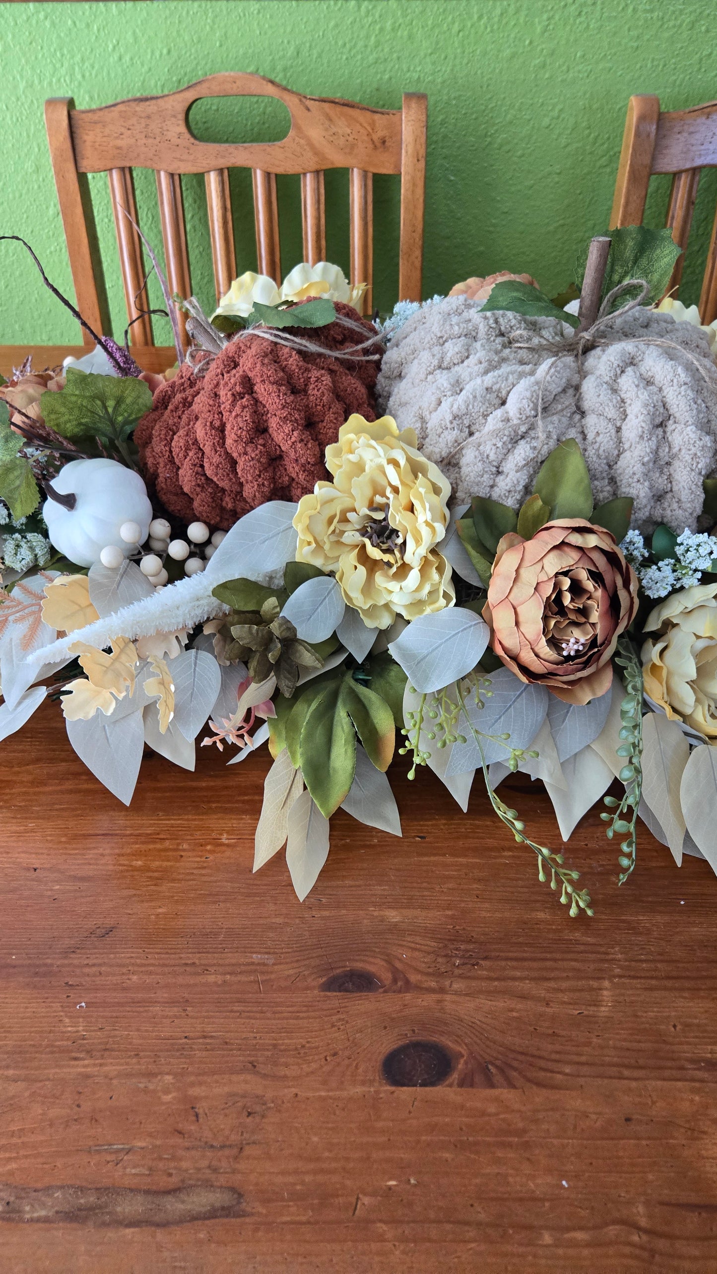 Fall Pumpkin Centerpiece or Door Swag – Rustic Harvest Décor with Handmade Knit Pumpkins