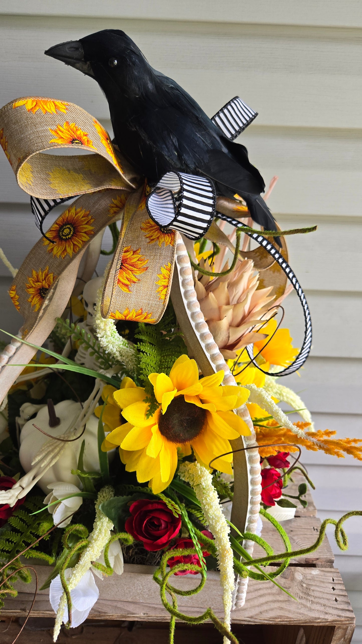 Lantern Arrangement – Halloween Fall Décor with Rustic Lantern, Sunflowers, Skeleton & Raven Accent