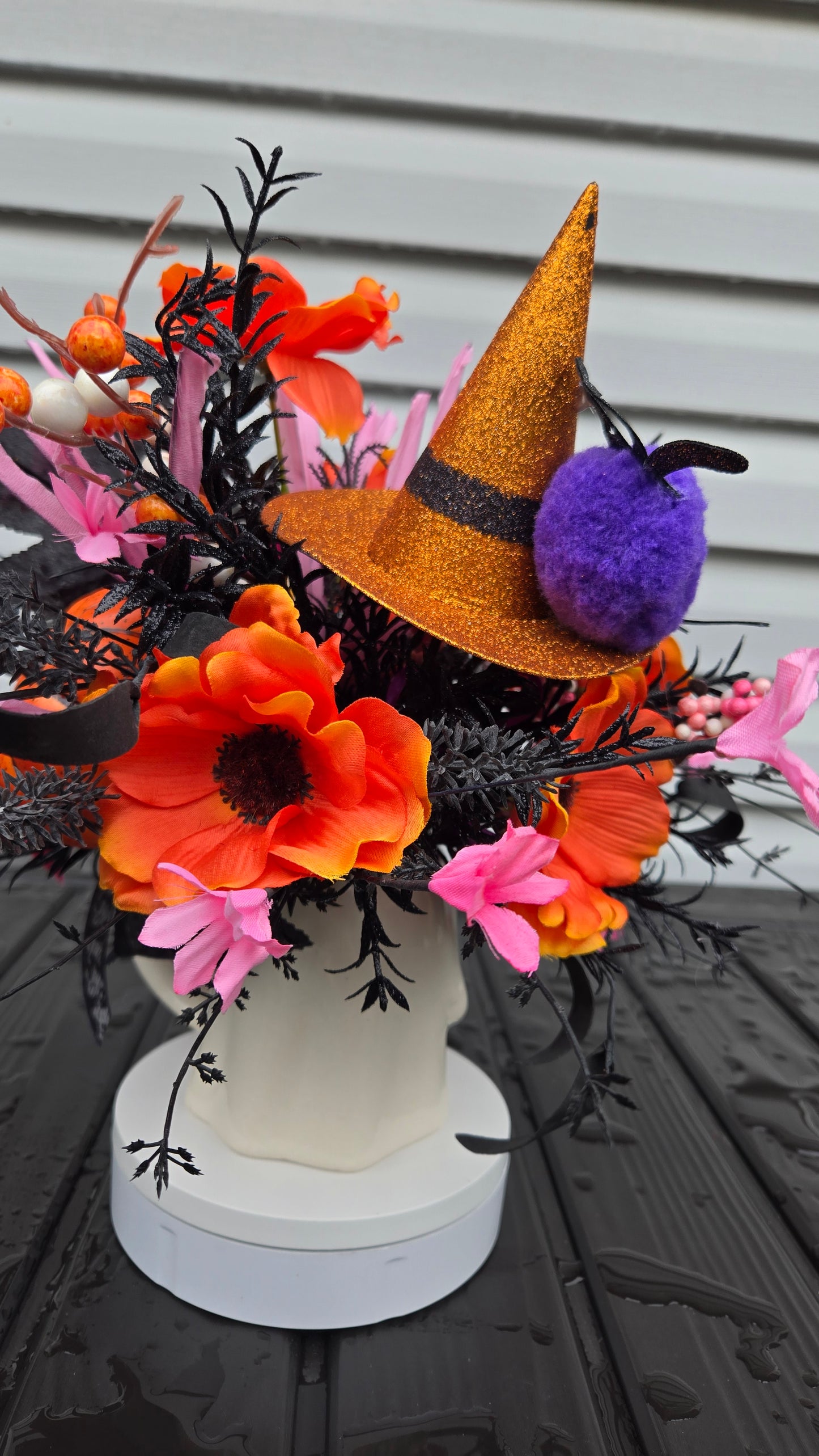 Halloween Arrangement - Cute Ghost Mug Centerpiece with Witch Hat & Purple Spider