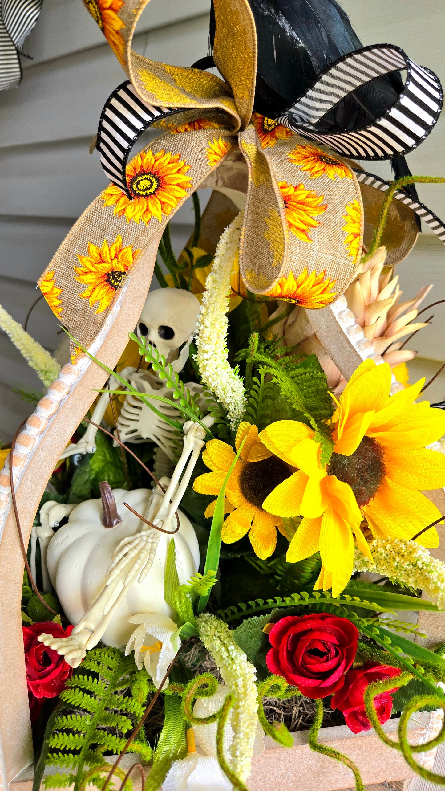 Lantern Arrangement – Halloween Fall Décor with Rustic Lantern, Sunflowers, Skeleton & Raven Accent