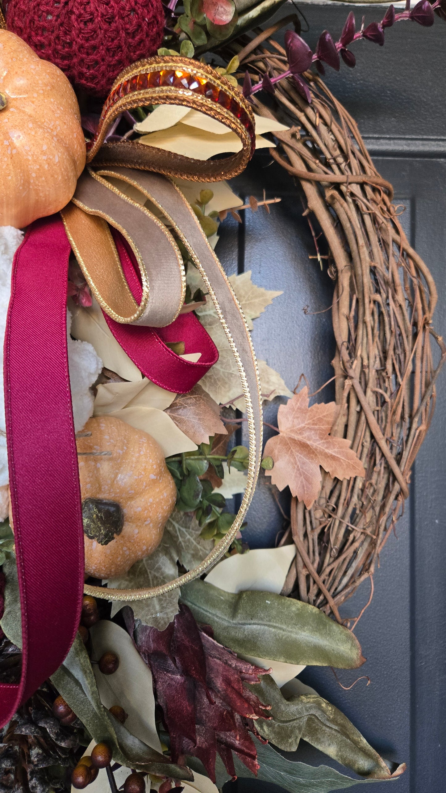 Fall Wreath - Burgundy Eucalyptus and Pumpkin Grapevine Wreath for Autumn Door Decor