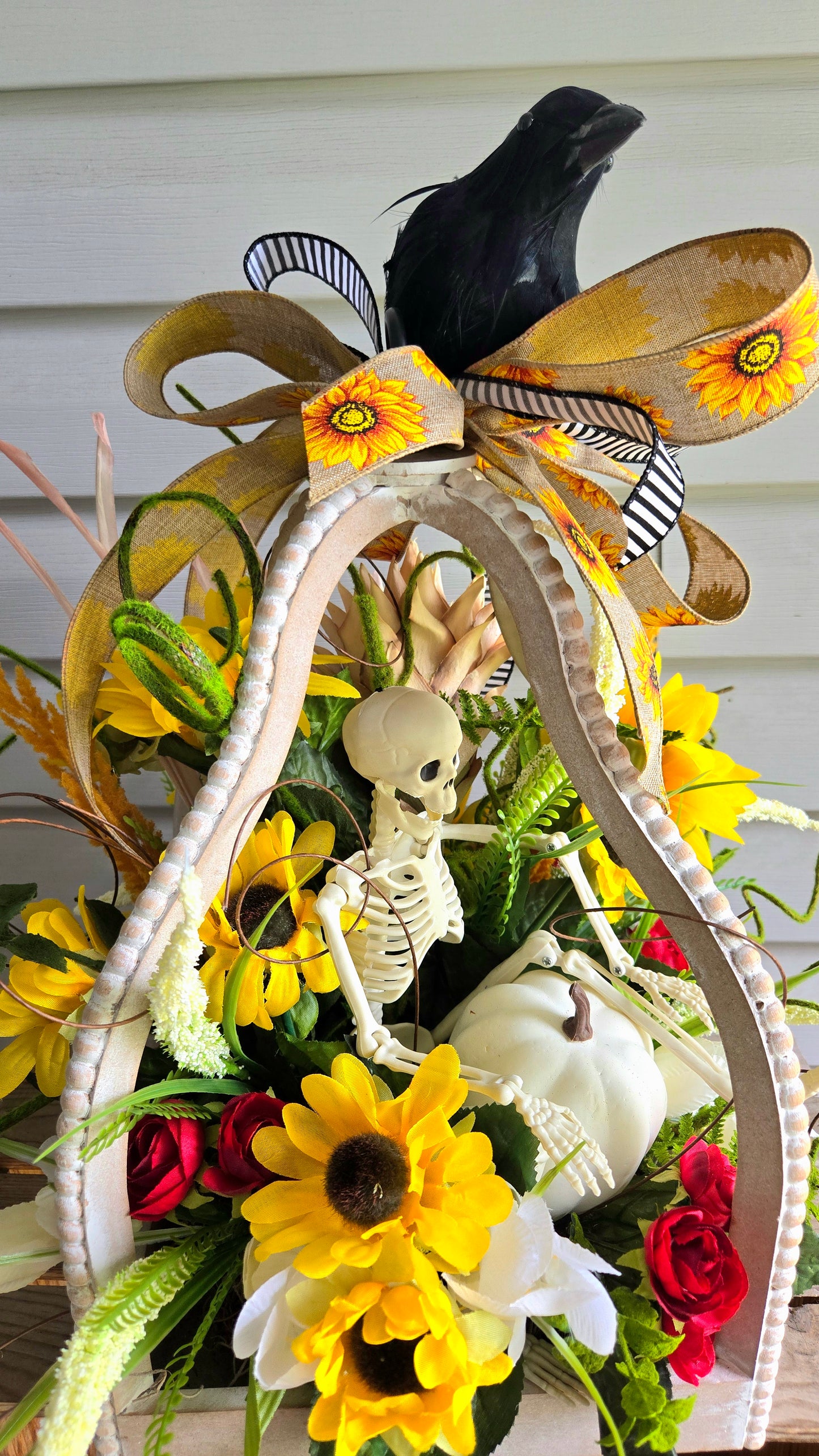 Lantern Arrangement – Halloween Fall Décor with Rustic Lantern, Sunflowers, Skeleton & Raven Accent