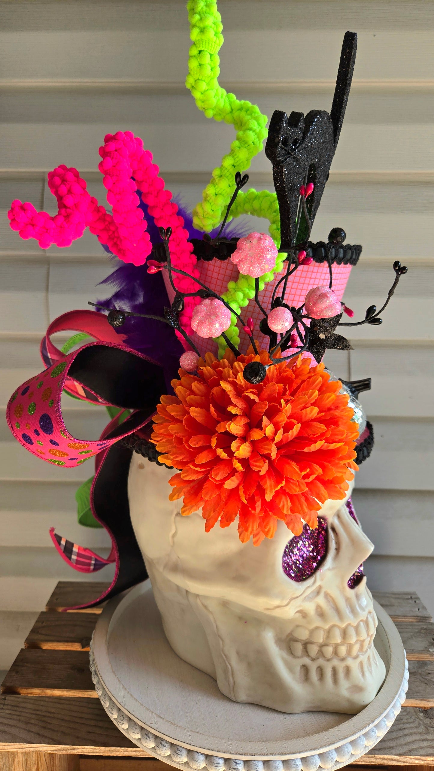 Halloween Skull Decor - Candy Dish or Planter Removable Skelly Top Hat with Black Cat, Disco Pumpkin, Wreath Attachment Option, Funky Decor