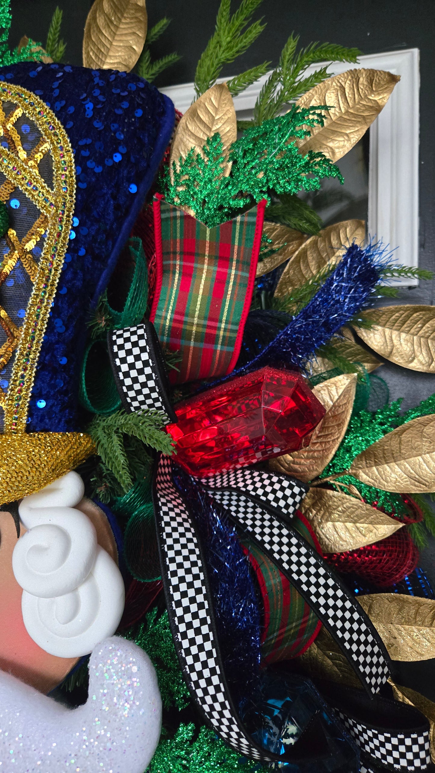 XL Nutcracker Christmas Wreath β Grand Holiday Home Decor with Plaid Ribbon, Gold Accents & Festive Glitter Details
