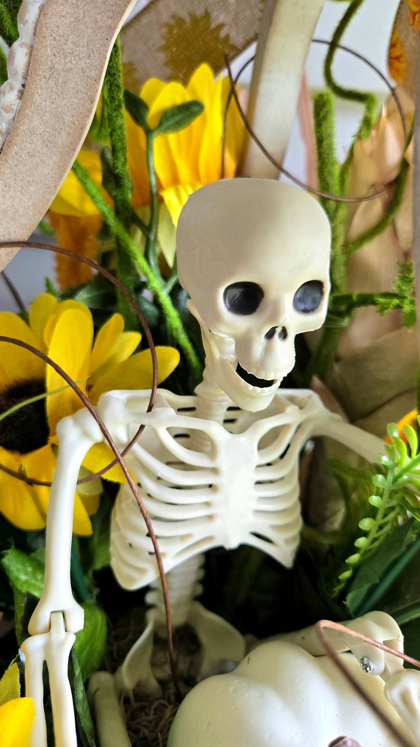 Lantern Arrangement – Halloween Fall Décor with Rustic Lantern, Sunflowers, Skeleton & Raven Accent