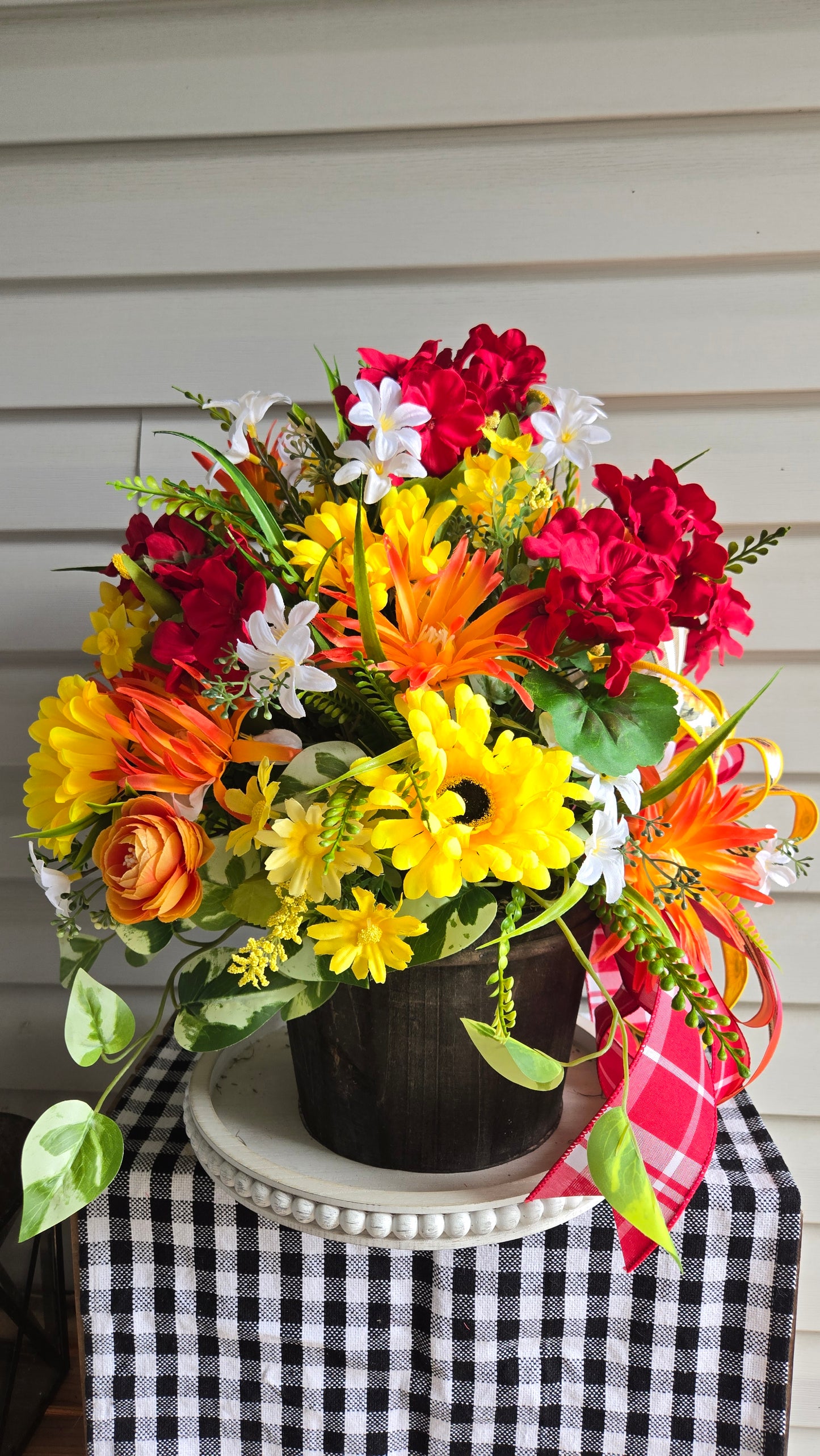 Sunflower & Geranium Faux Flower Arrangement in Rustic Wood Planter