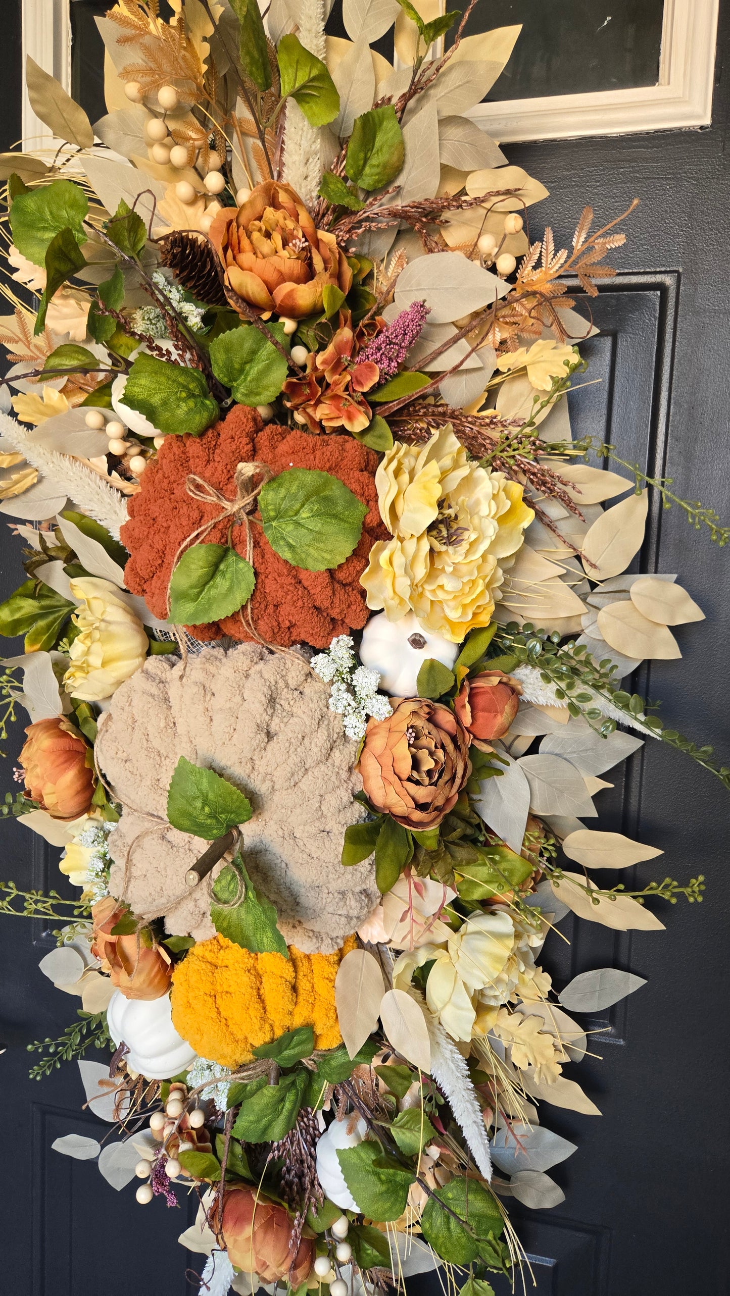 Fall Pumpkin Centerpiece or Door Swag – Rustic Harvest Décor with Handmade Knit Pumpkins
