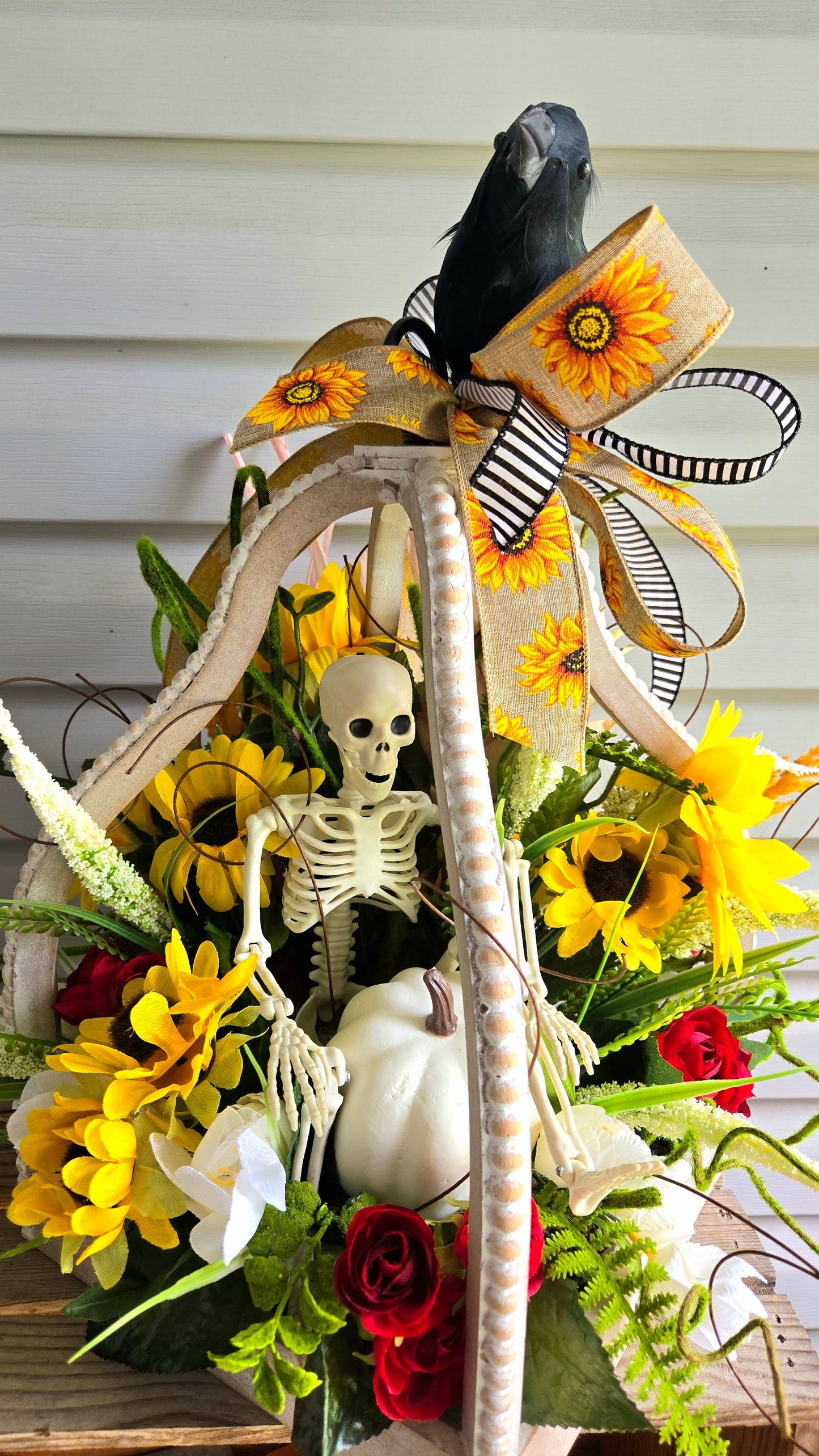 Lantern Arrangement – Halloween Fall Décor with Rustic Lantern, Sunflowers, Skeleton & Raven Accent
