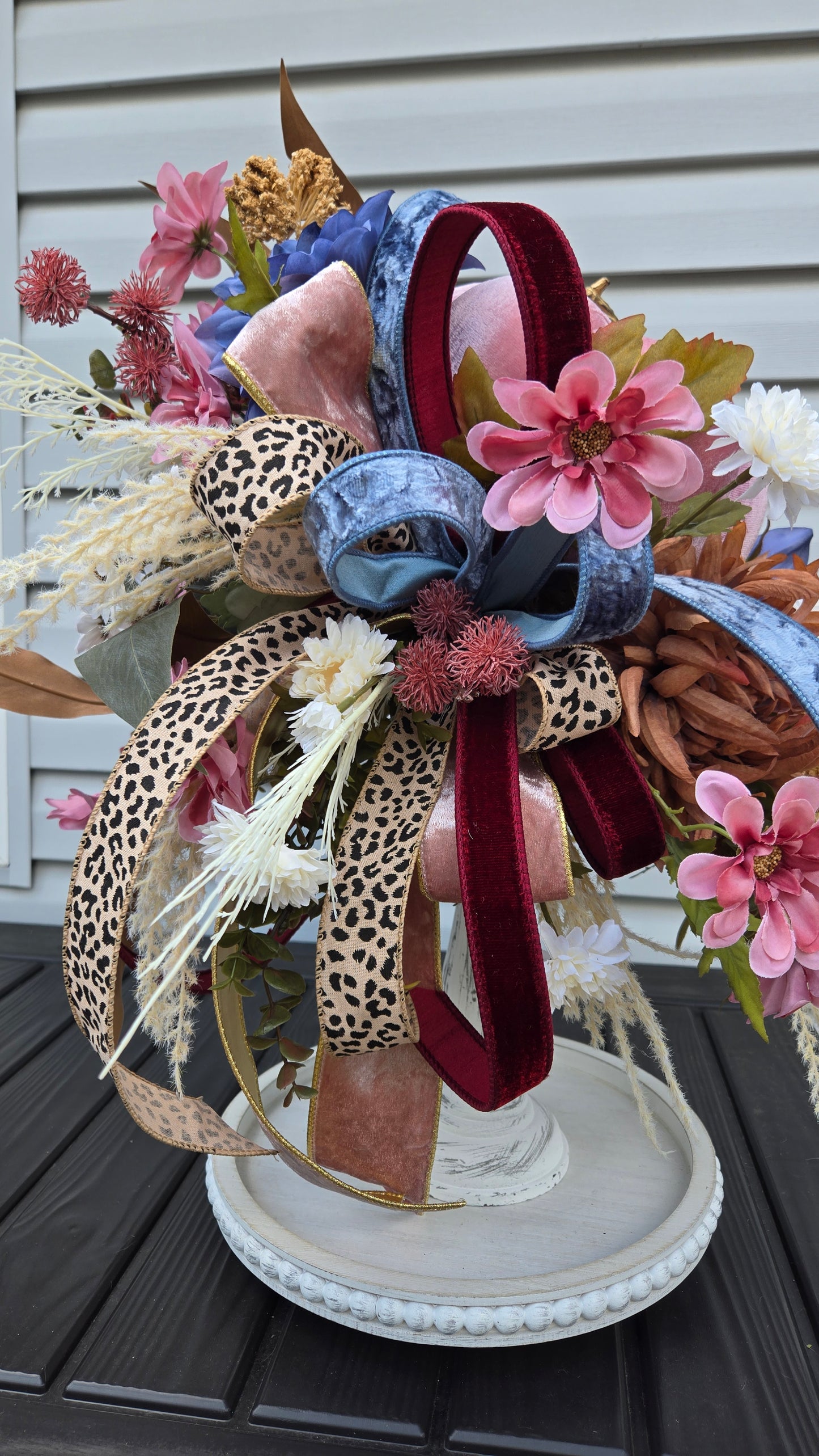 Glam Boho Chic Fall Arrangement - Velvet Pink Pumpkin Candlestick