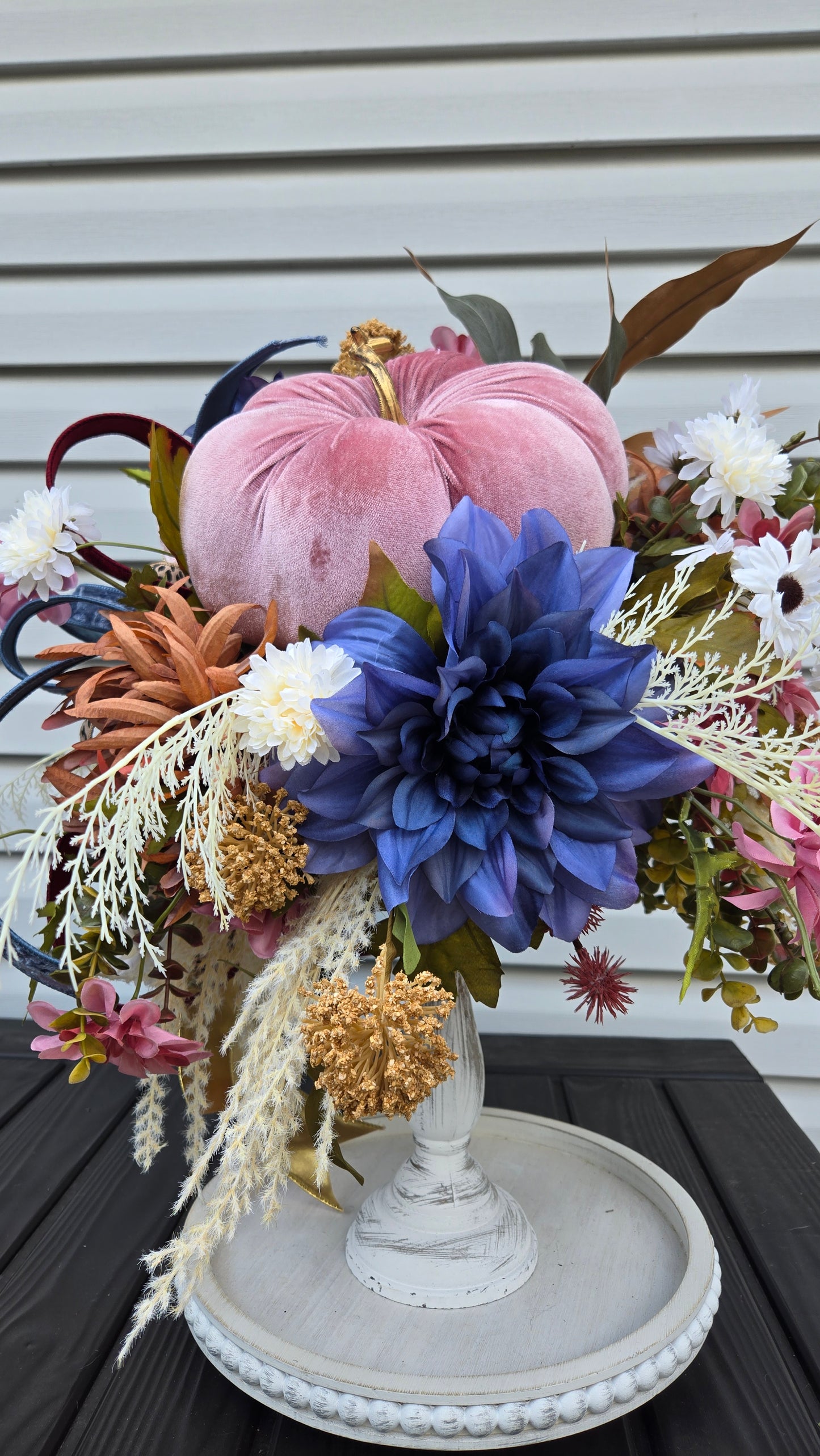 Glam Boho Chic Fall Arrangement - Velvet Pink Pumpkin Candlestick