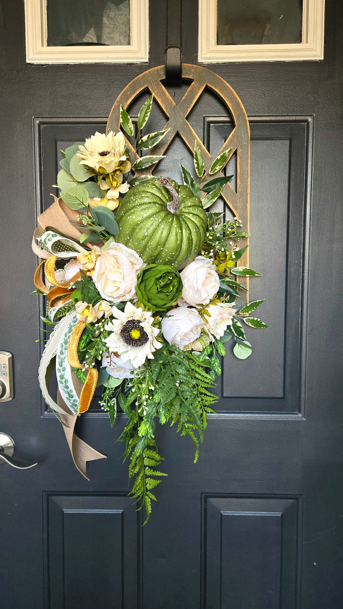Neutral Fall Home Decor – Farmhouse Pumpkin Window Pane Door Hanger or Wall Art
