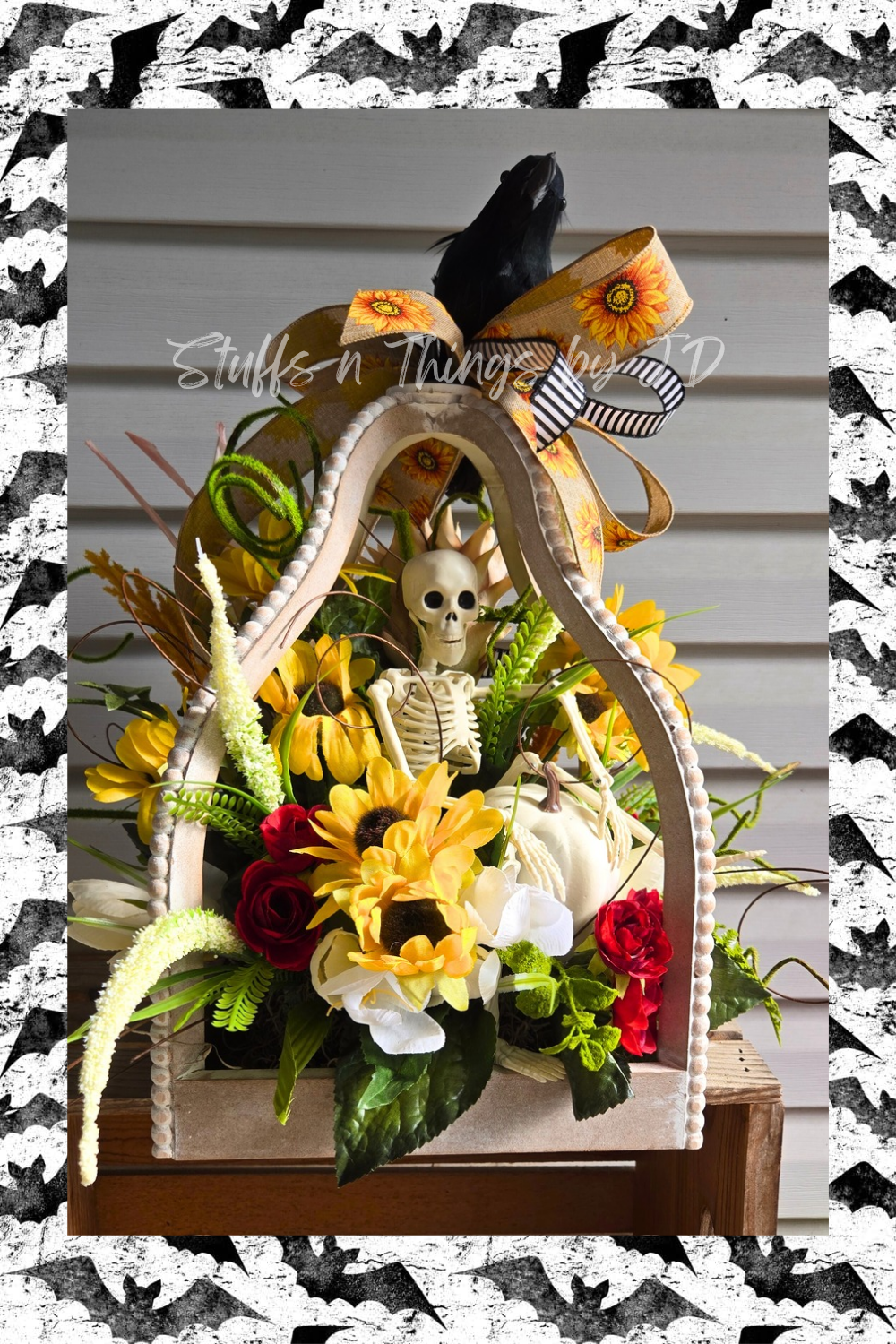 Lantern Arrangement – Halloween Fall Décor with Rustic Lantern, Sunflowers, Skeleton & Raven Accent