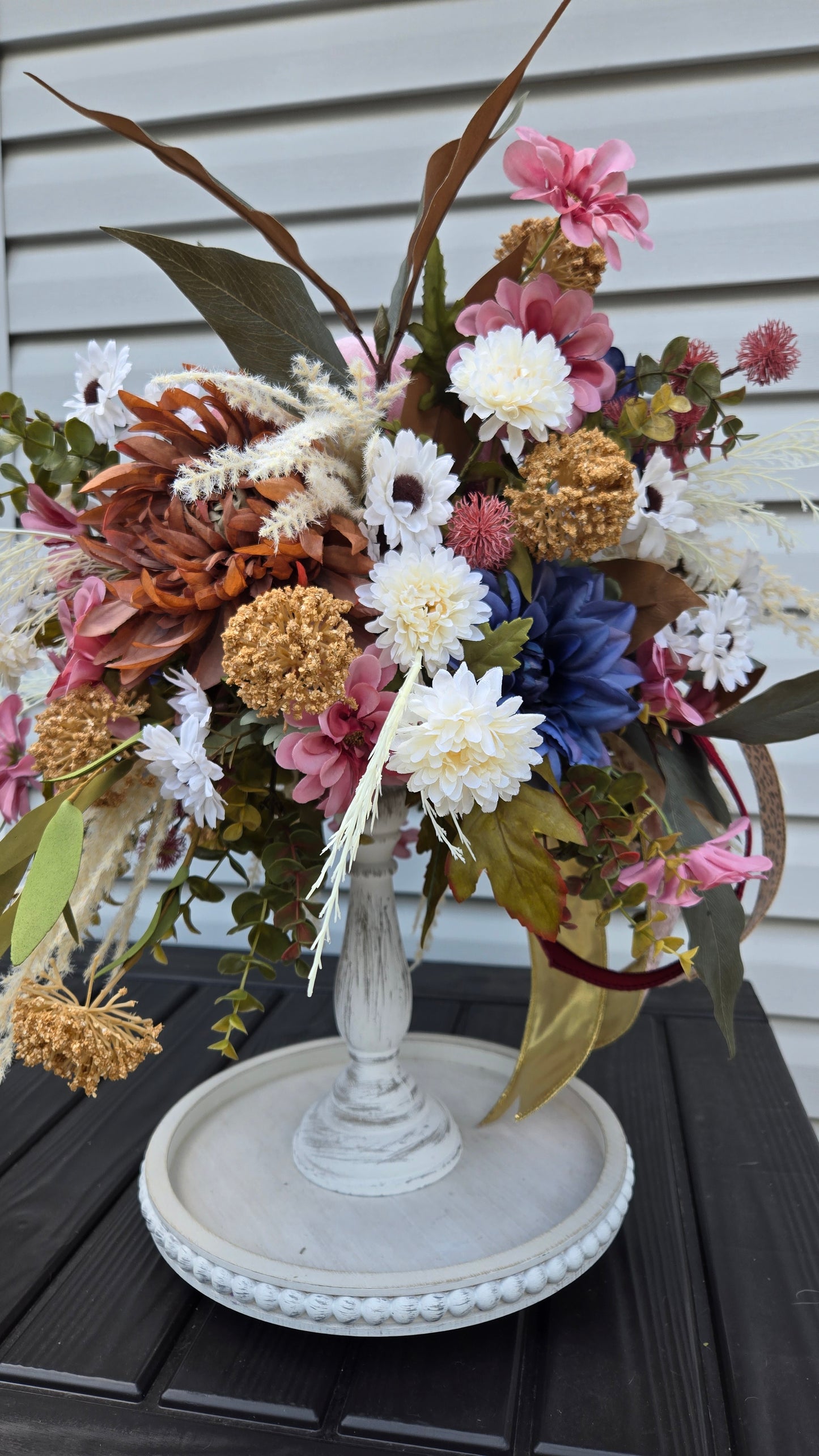 Glam Boho Chic Fall Arrangement - Velvet Pink Pumpkin Candlestick