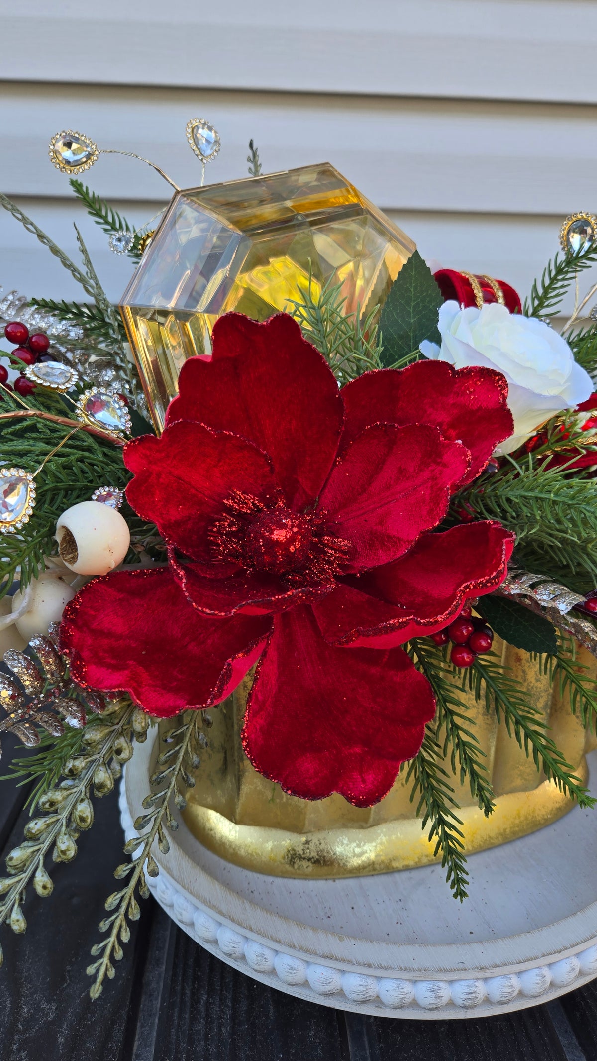 Red & Gold Christmas Floral Centerpiece | Magnolia Holiday Arrangement | Luxury Table Decor