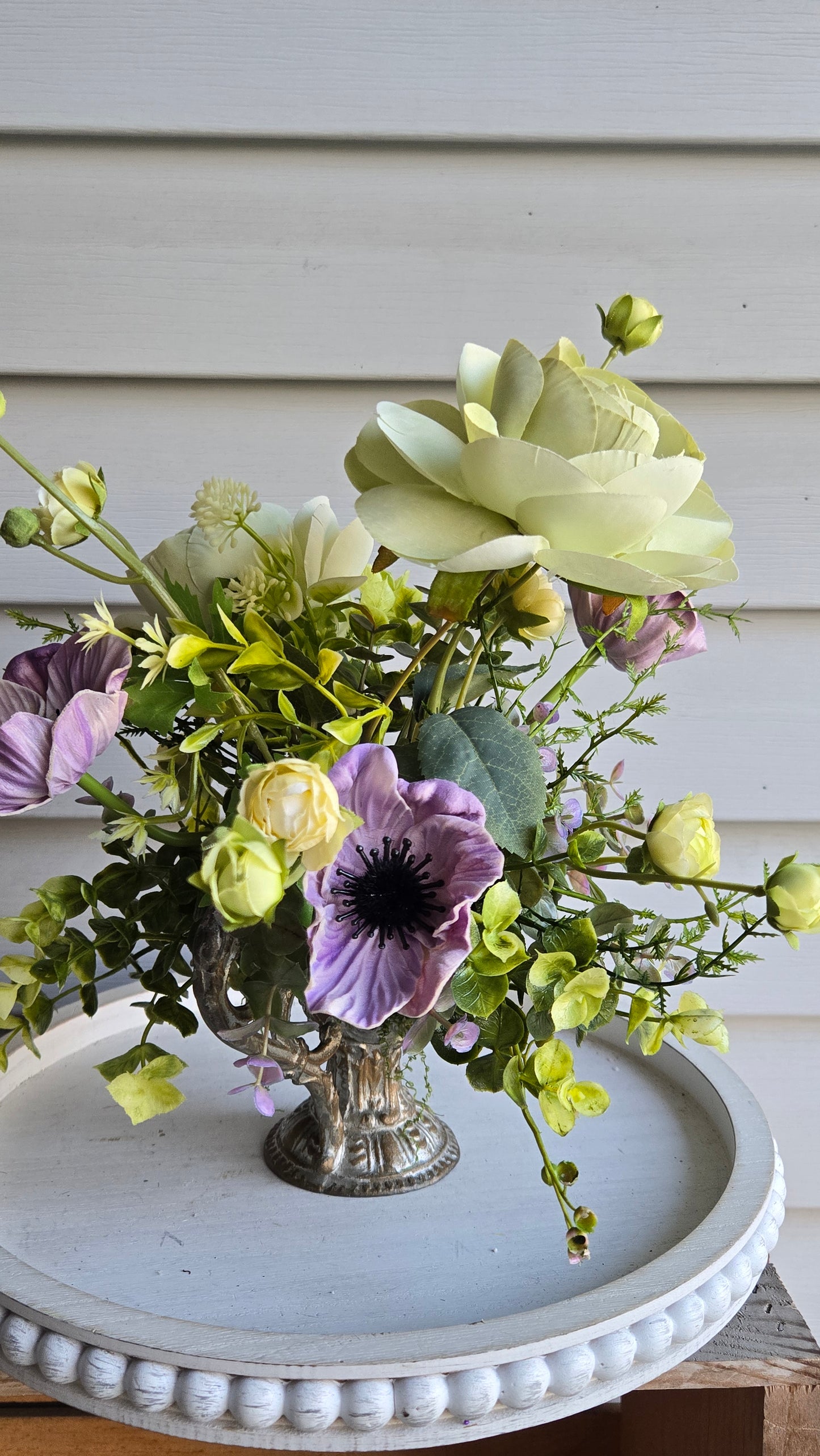 Vintage Ewer Floral Arrangement with Sage Green Ranunculus & Lavender Anemones
