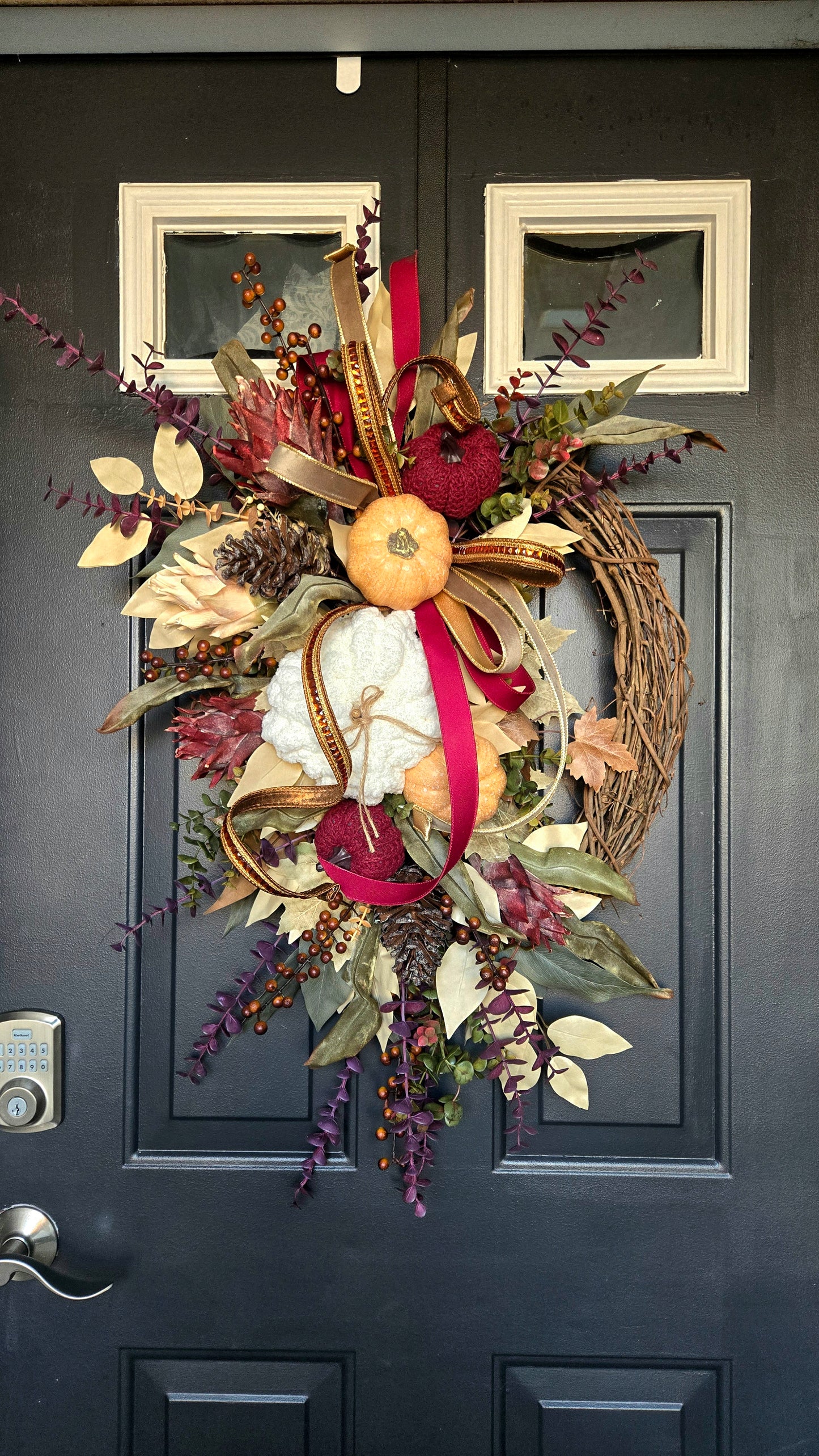 Fall Wreath - Burgundy Eucalyptus and Pumpkin Grapevine Wreath for Autumn Door Decor