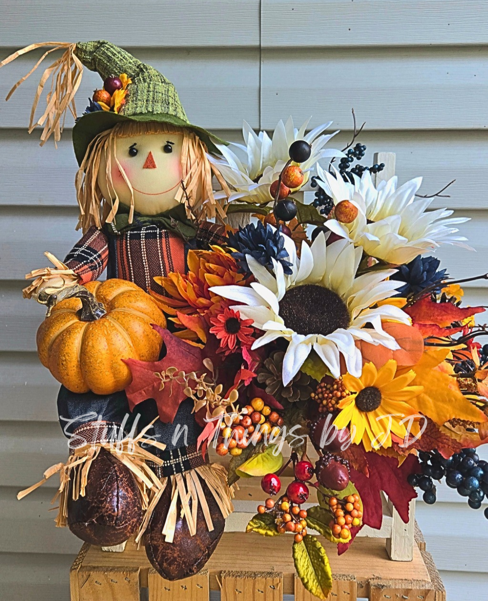 Fall Scarecrow Centerpiece with Sunflowers & Pumpkins – Autumn Table Decor, Bench Sitting Scarecrow, Thanksgiving Floral Arrangement