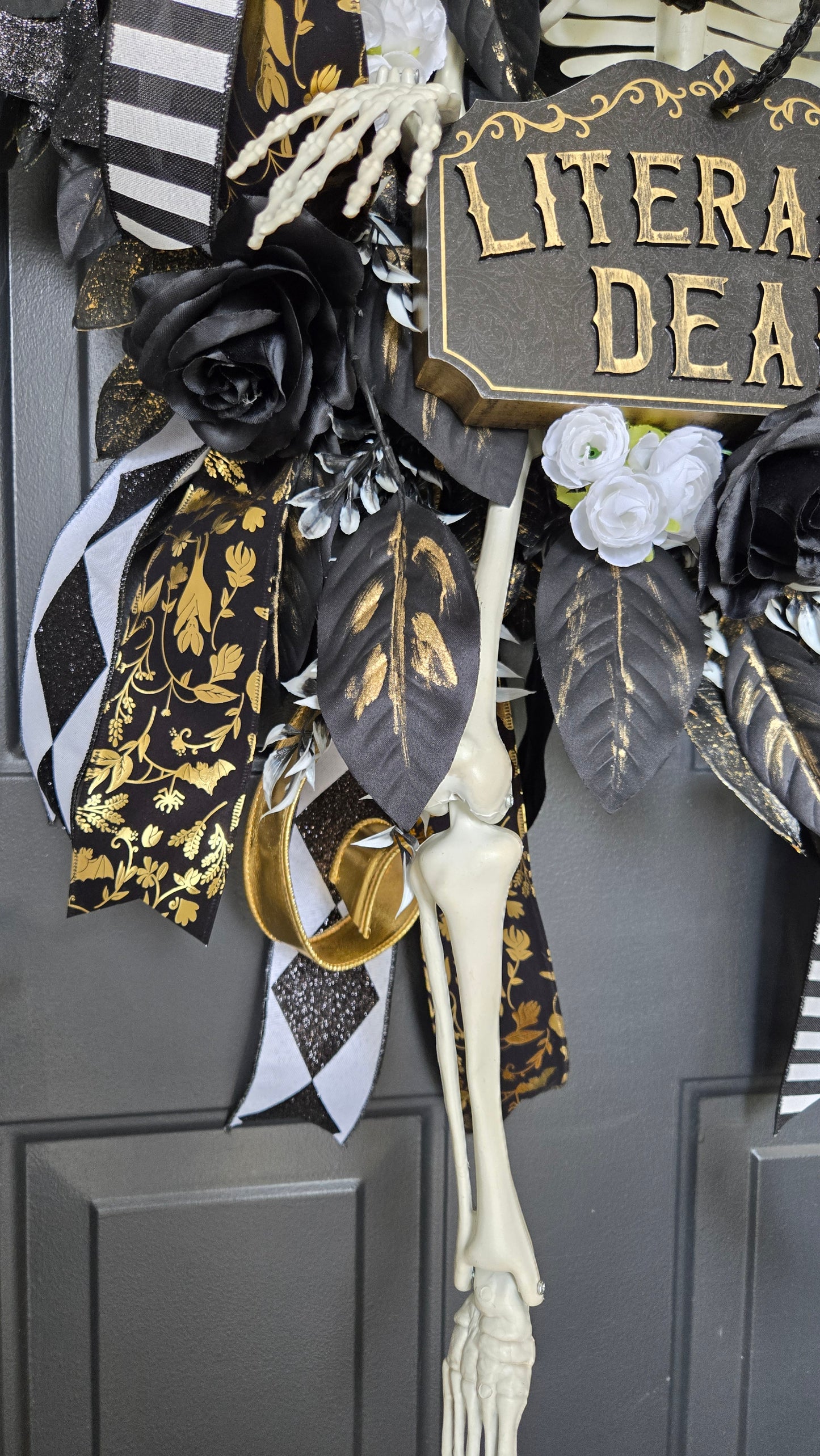 Literally Dead Skeleton Halloween Door Wreath | Large Black, White & Gold Gothic Halloween Decor