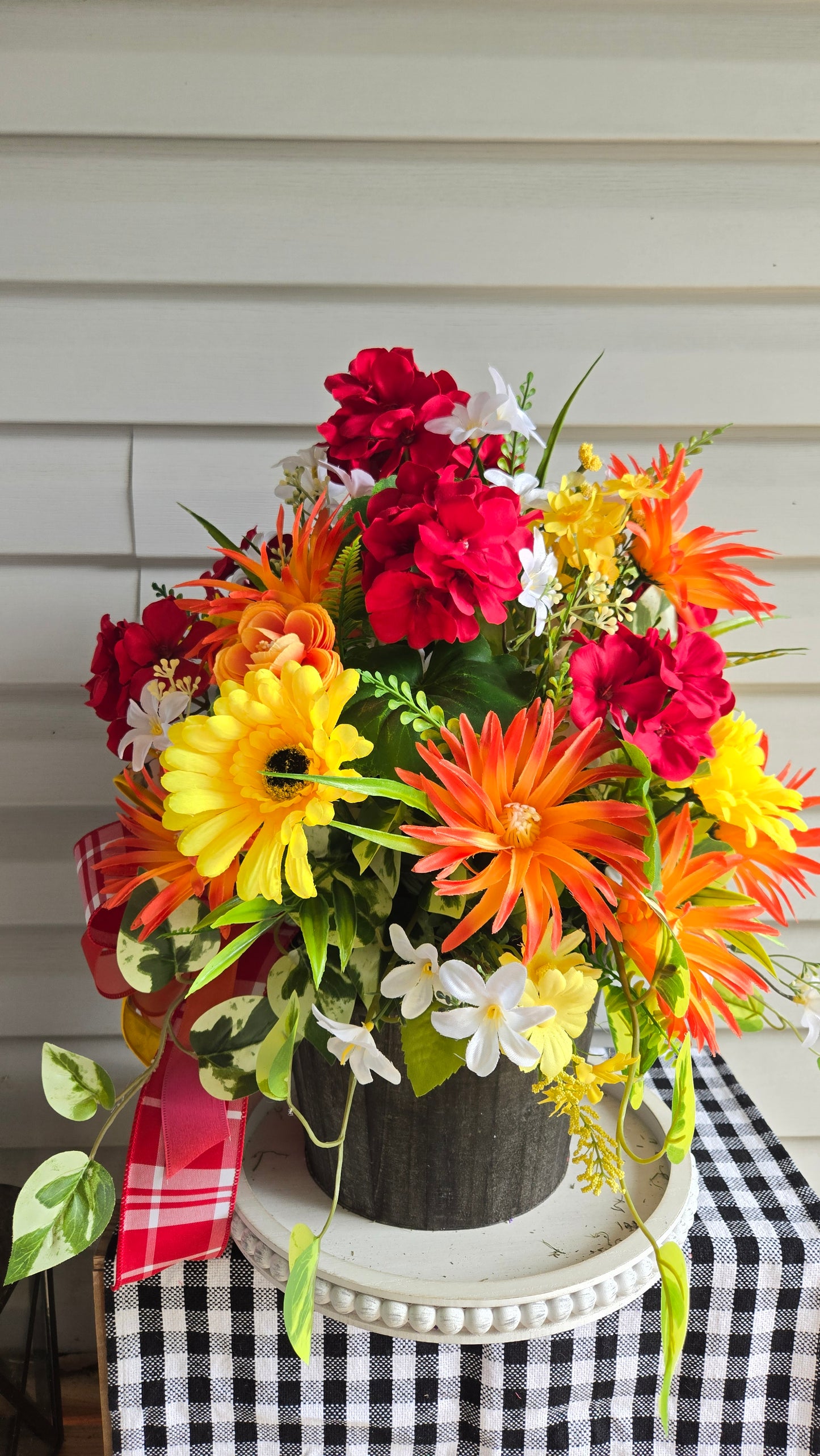 Sunflower & Geranium Faux Flower Arrangement in Rustic Wood Planter