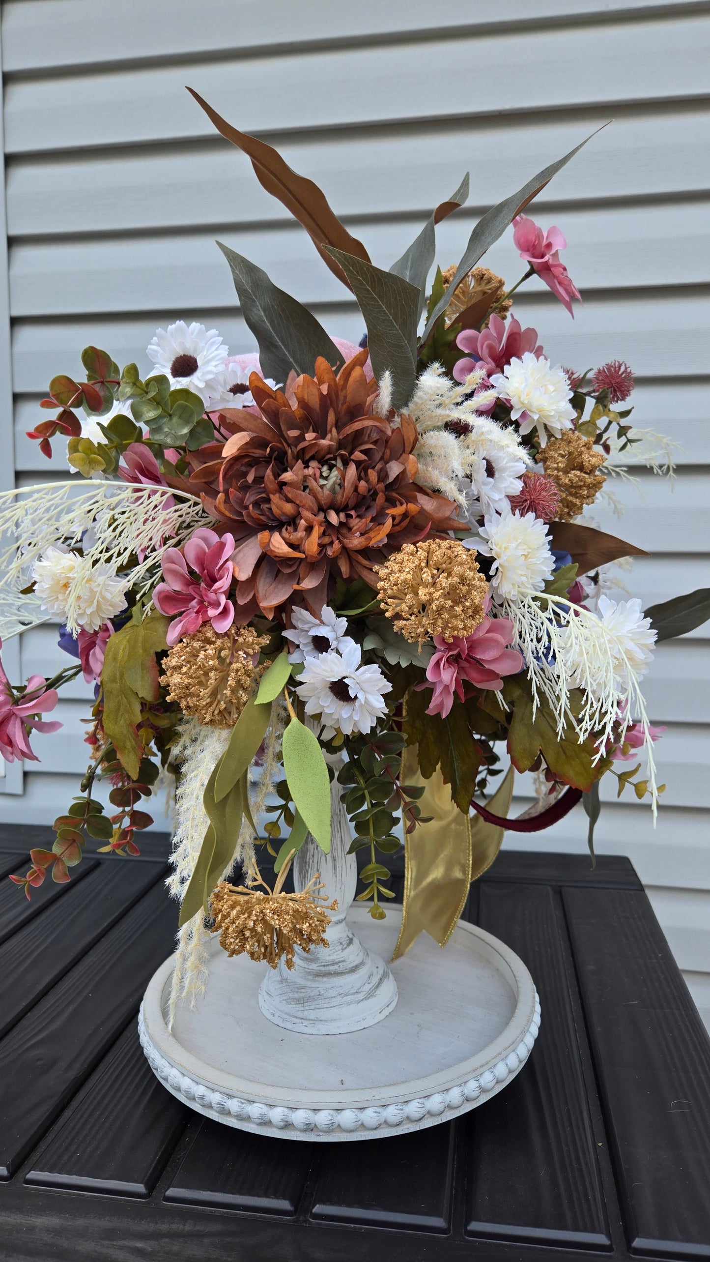 Glam Boho Chic Fall Arrangement - Velvet Pink Pumpkin Candlestick